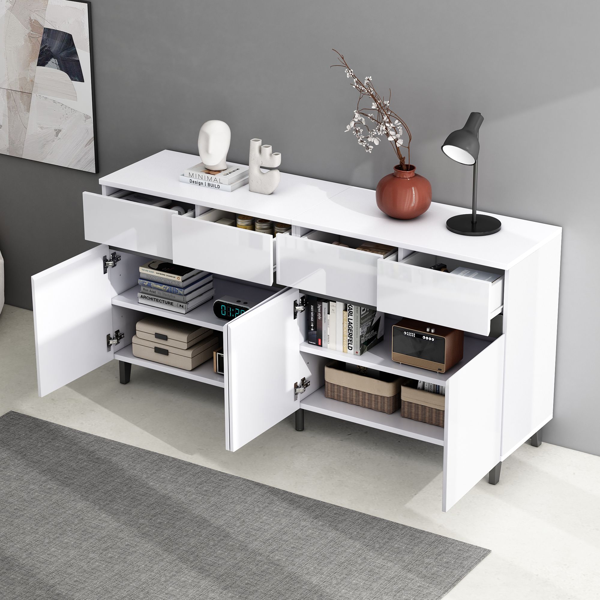 Merax Hochglanz Sideboard, Kommode mit 4 Schubladen, 2 Türen und höhenverstellbaren Regalböden - Elegantes Wohnzimmermöbel