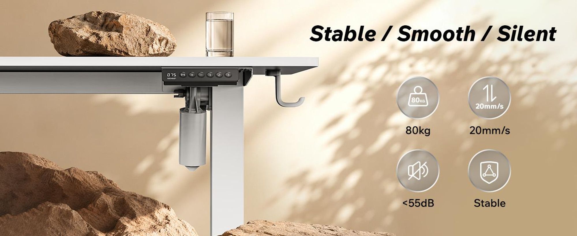 SENSE7 NOJO, rohový písací stôl, model Light Corner, elektricky nastaviteľná výška, rozmer 160x140, tvar "L", stojací písací stôl, dvojitý motor, nastaviteľná výška s pamäťou, biela farba, počítačový stôl