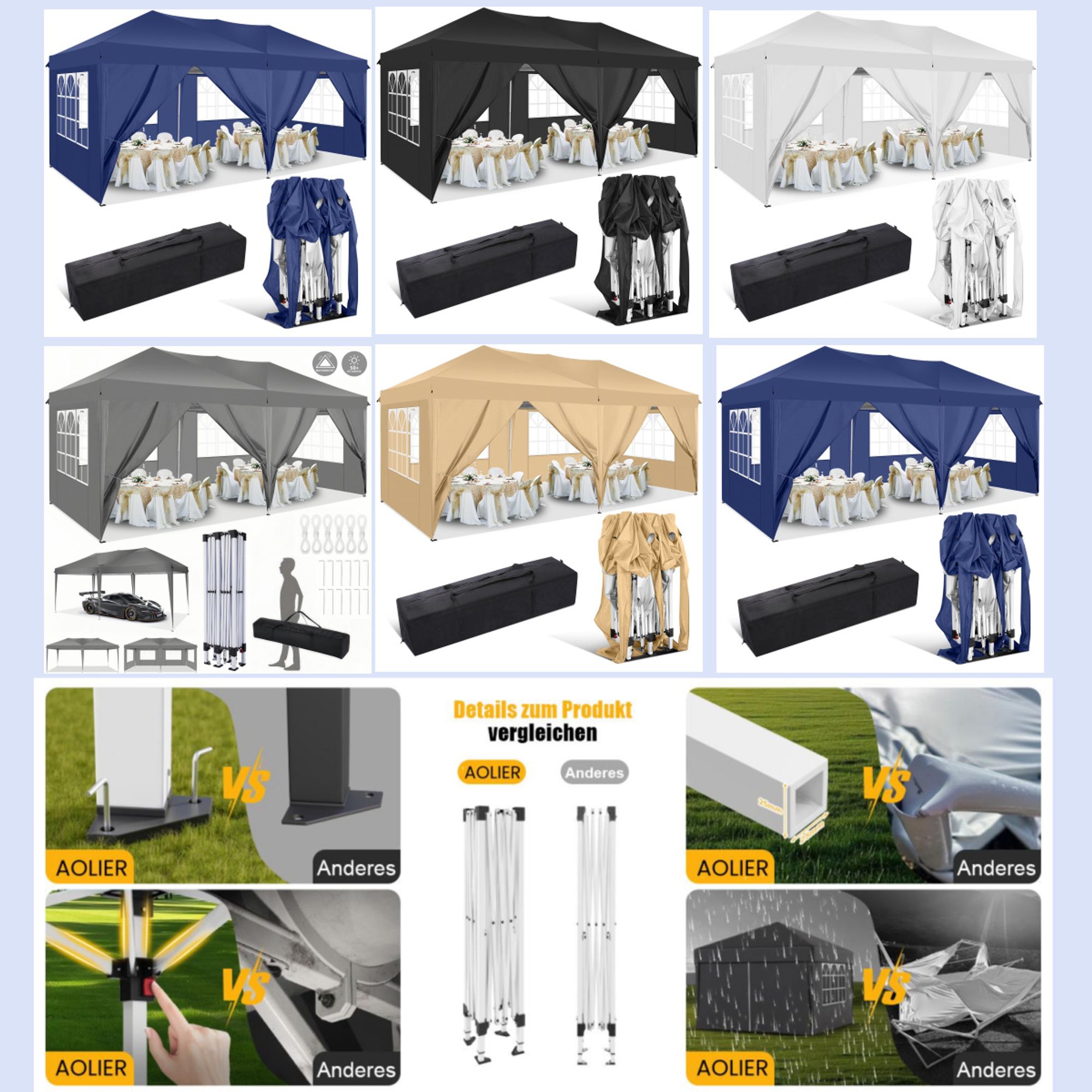 Pavillon 3x6m, Festzelt Faltpavillon Gartenzelt Wasserdicht, UV-Schutz, mit 4 Seitenteilen und 2 Eingängen, 12 Heringe & 4 Seile & 1 Tragetasche, für Garten Terrasse Feier Party, Weiß