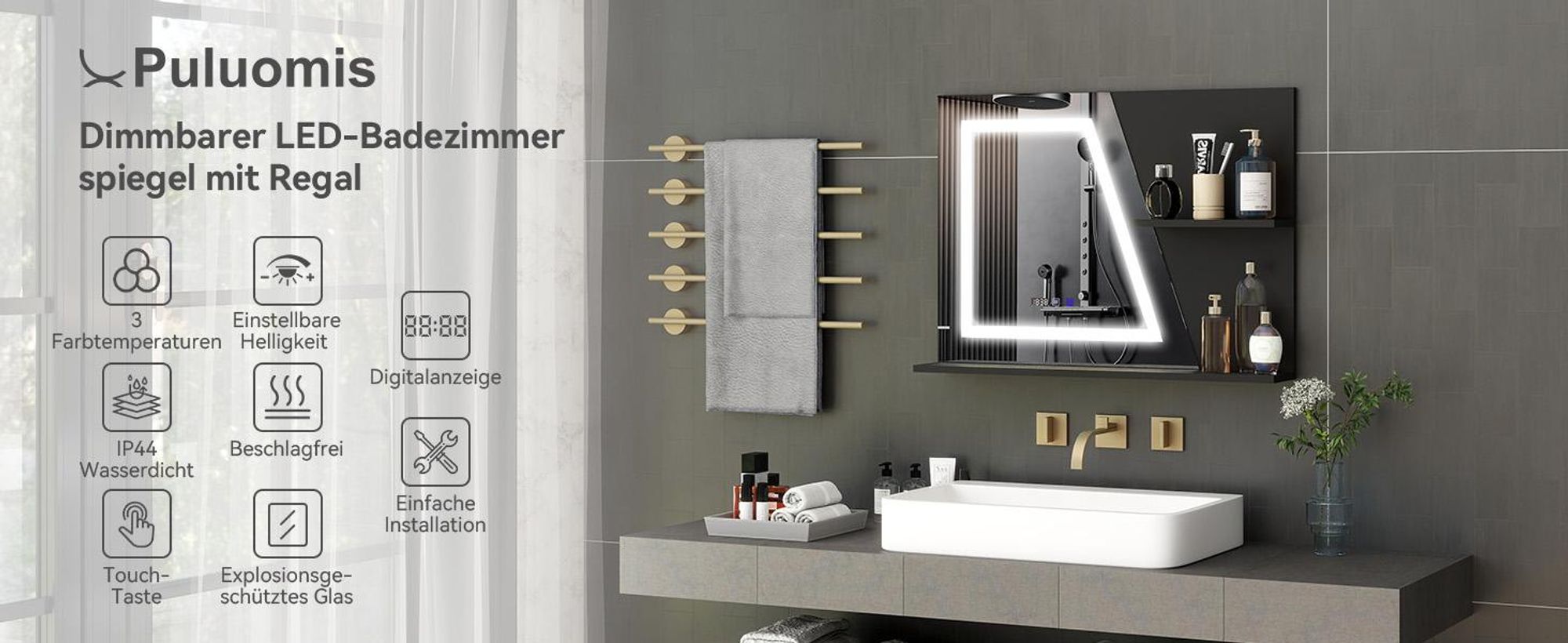 Puluomis Badspiegel 80x60, LED Badezimmerspiegel mit Doppelregal, 3 Farbtemperaturen dimmbar, Antibeschlag, Zeit und Temperaturanzeige beschlagfrei
