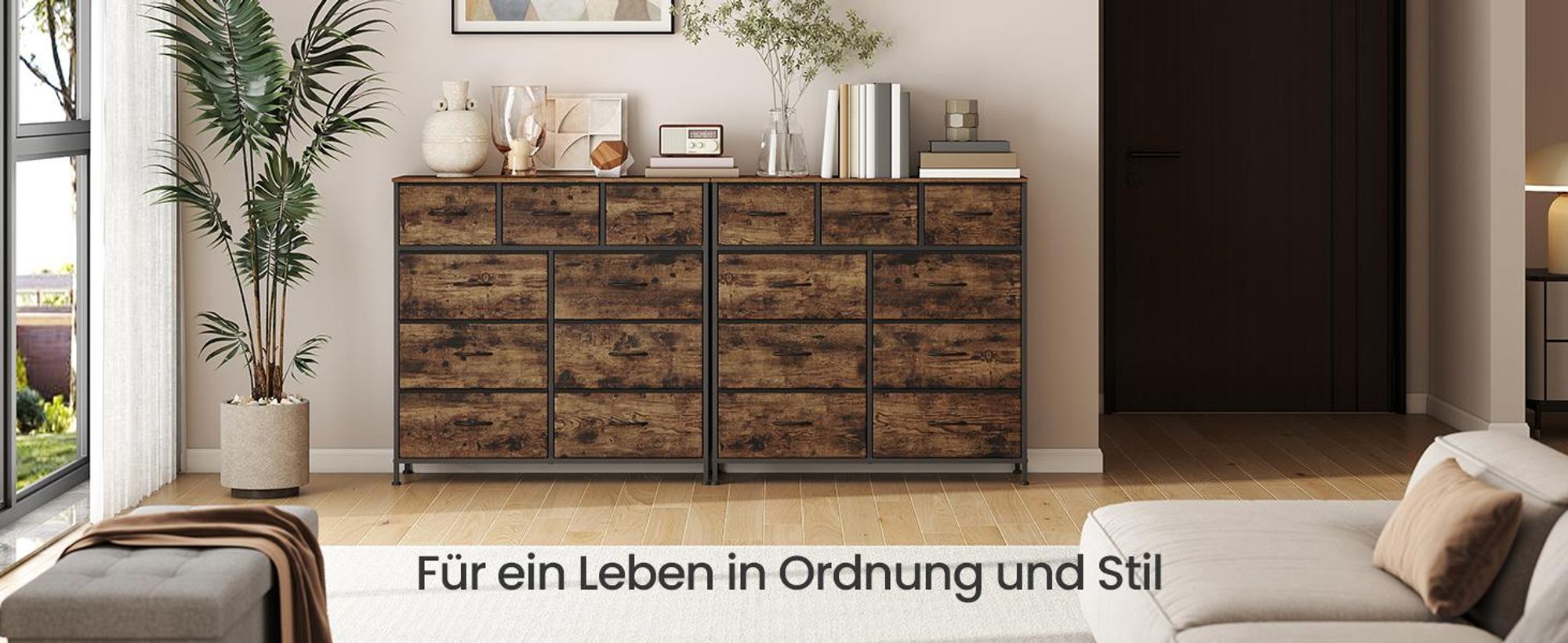SONGMICS Kommode, Schrank, 9 Stoffschubladen, für Schlafzimmer, Flur, Wohnzimmer, braun-schwarz