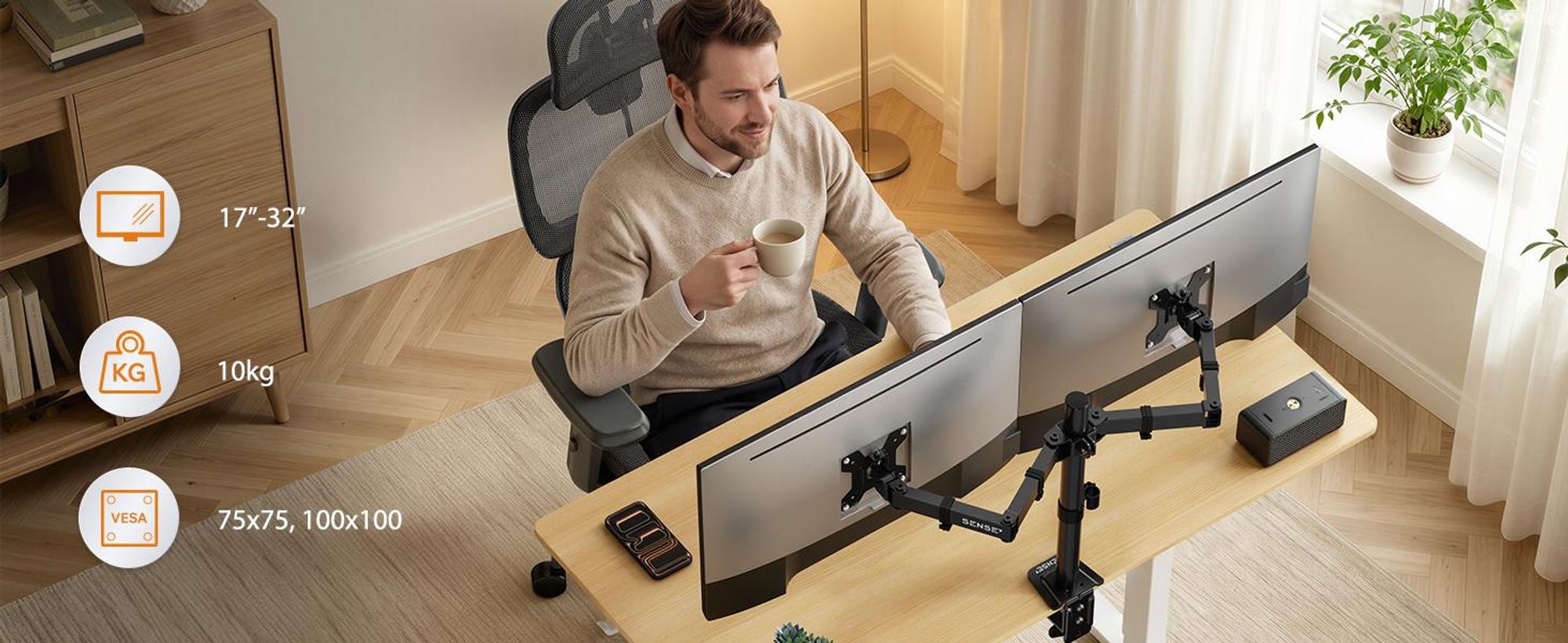 SENSE7, závesné osvetlenie, držiak na dvojité monitory, pre obrazovky 17-32 palcov, štandard VESA, nosnosť 2x9 kg, otočný mechanizmus s plynovou pružinou, stolová doska pre 2 monitory, čierna farba, ergonomický dizajn