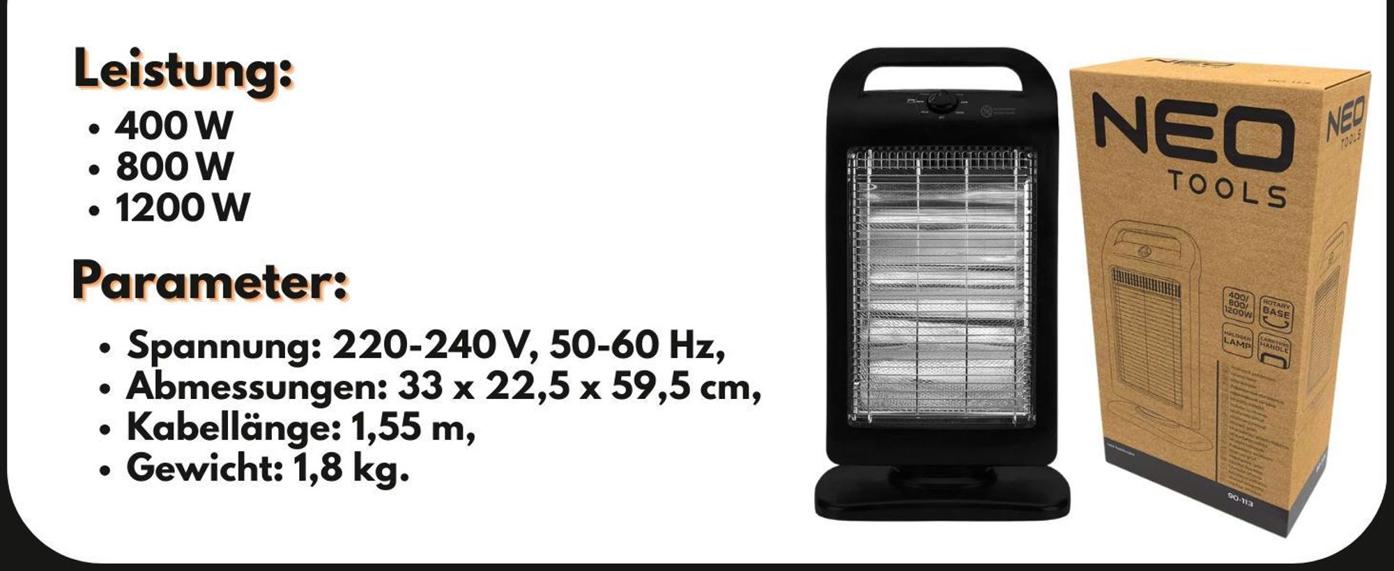 NEO TOOLS Infrarot Standheizstrahler, Heizer Heizstrahler Halogen Heizung Beheizung Infrarotheizer 3 Heizstufen