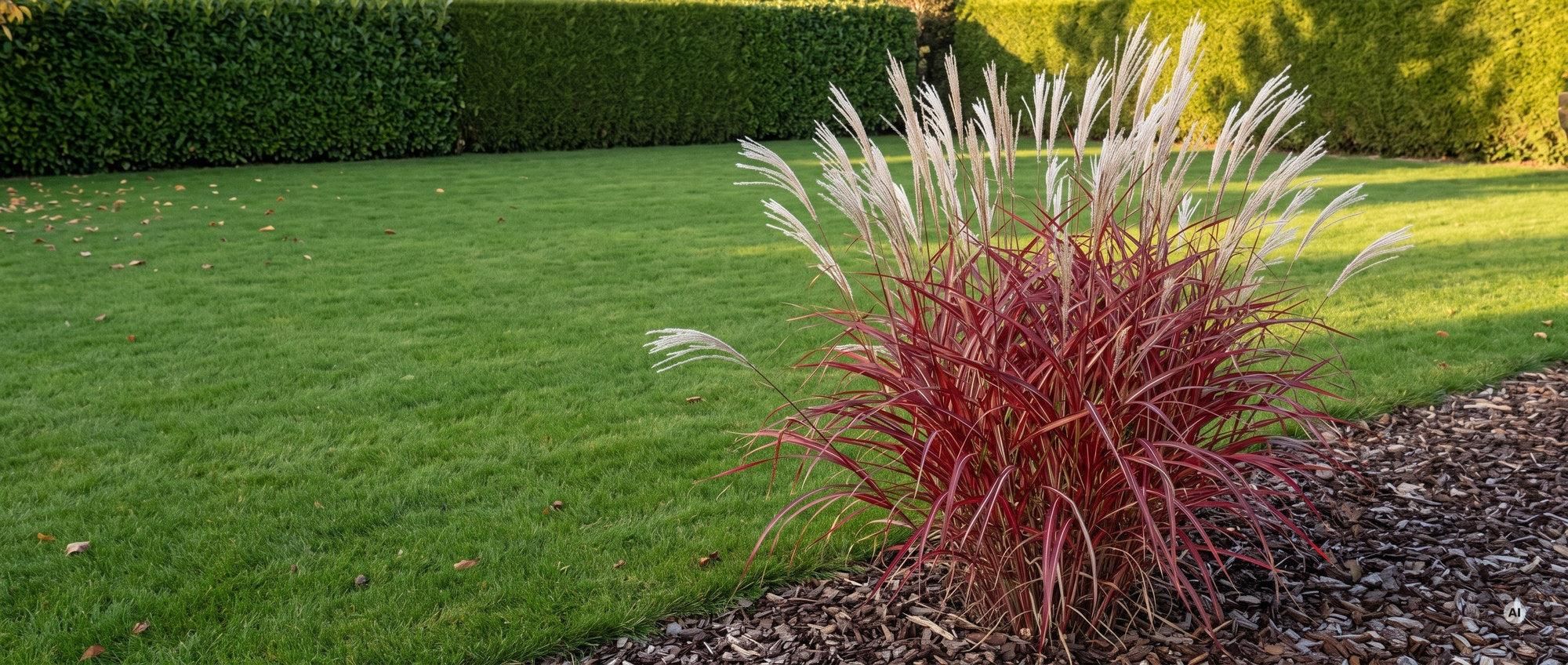 Miscanthus sinensis 'Lady in Red' im Herbstbeet: rot durchgefärbter Horst mit silberweißen Rispen