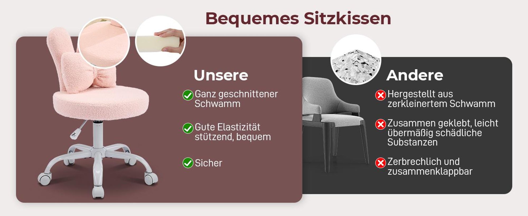 FCH Kaninchenohren-Design Drehstuhl, Homeoffice Stuhl, Kinder Schreibtischstuhl kinderschreibtischstuhl Jungendstuhl Hasenohr, 360°,  Rosa