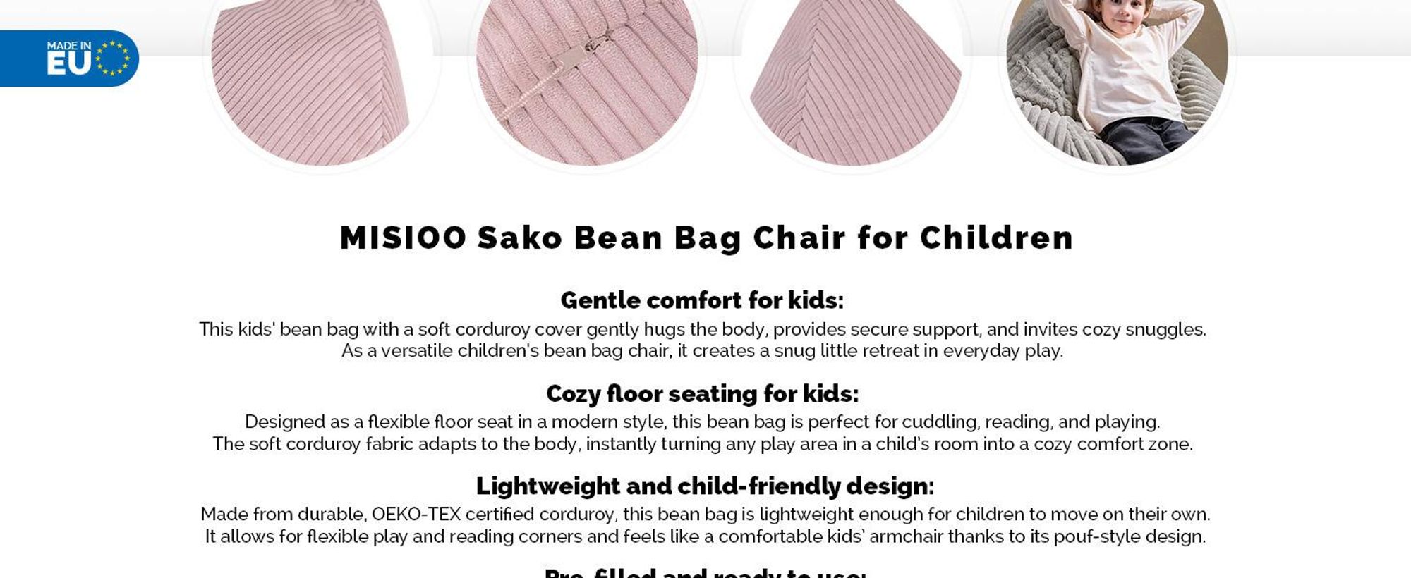 MISIOO Dětský sedací vak Premium – ergonomický – od 12 měsíců – pohodlné sedací vaky do dětského pokoje – sedací vak s lehkou polystyrenovou výplní