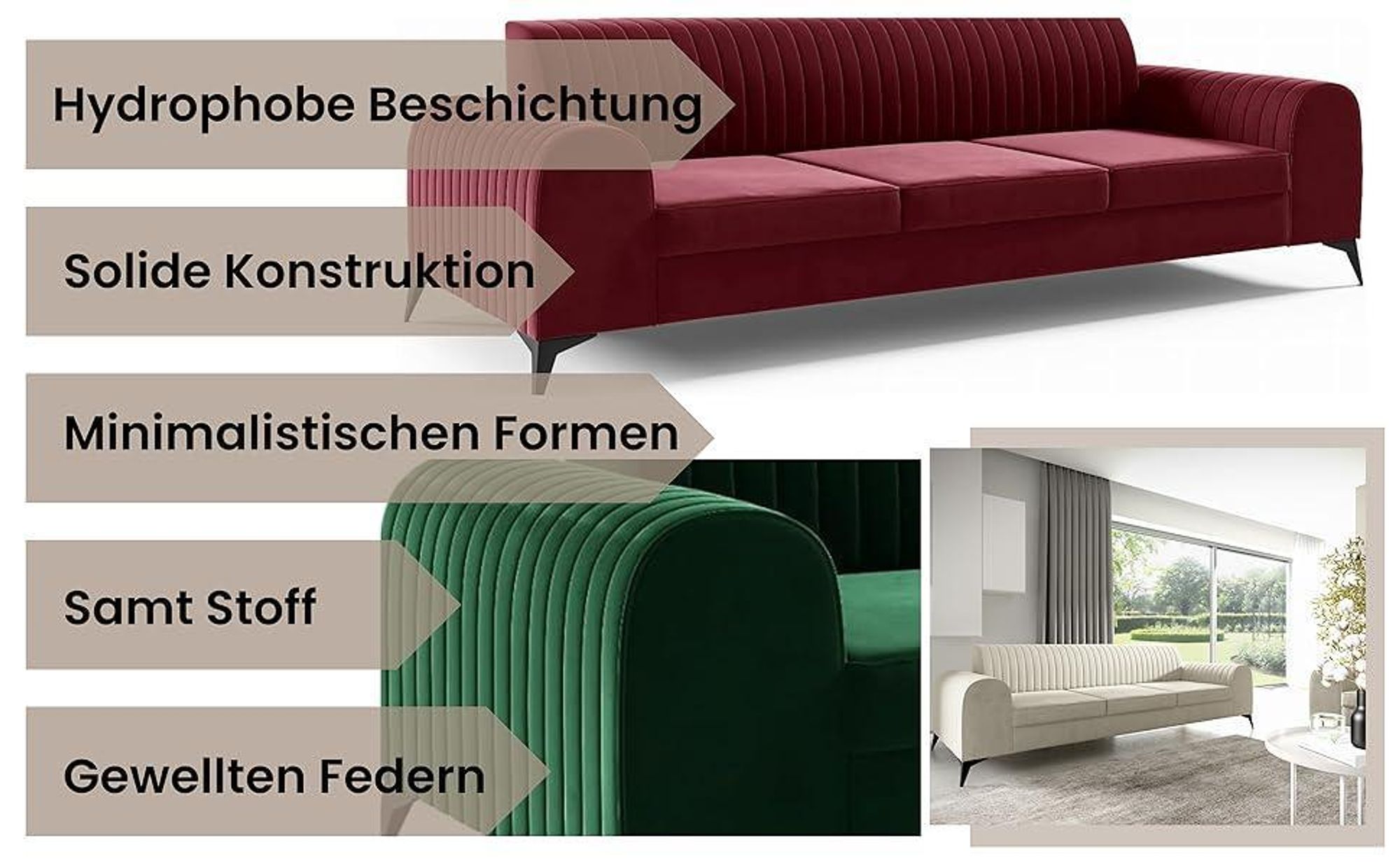 LIKMA Grau 3 Sitzer Samt Sofa Elsa 234x77x93 cm 3-er Couchgarnitur Hydrophobe Beschichtung Velvet Moderne Wohnzimmer Couch Velours Glamour Design Stoff Fresh 14