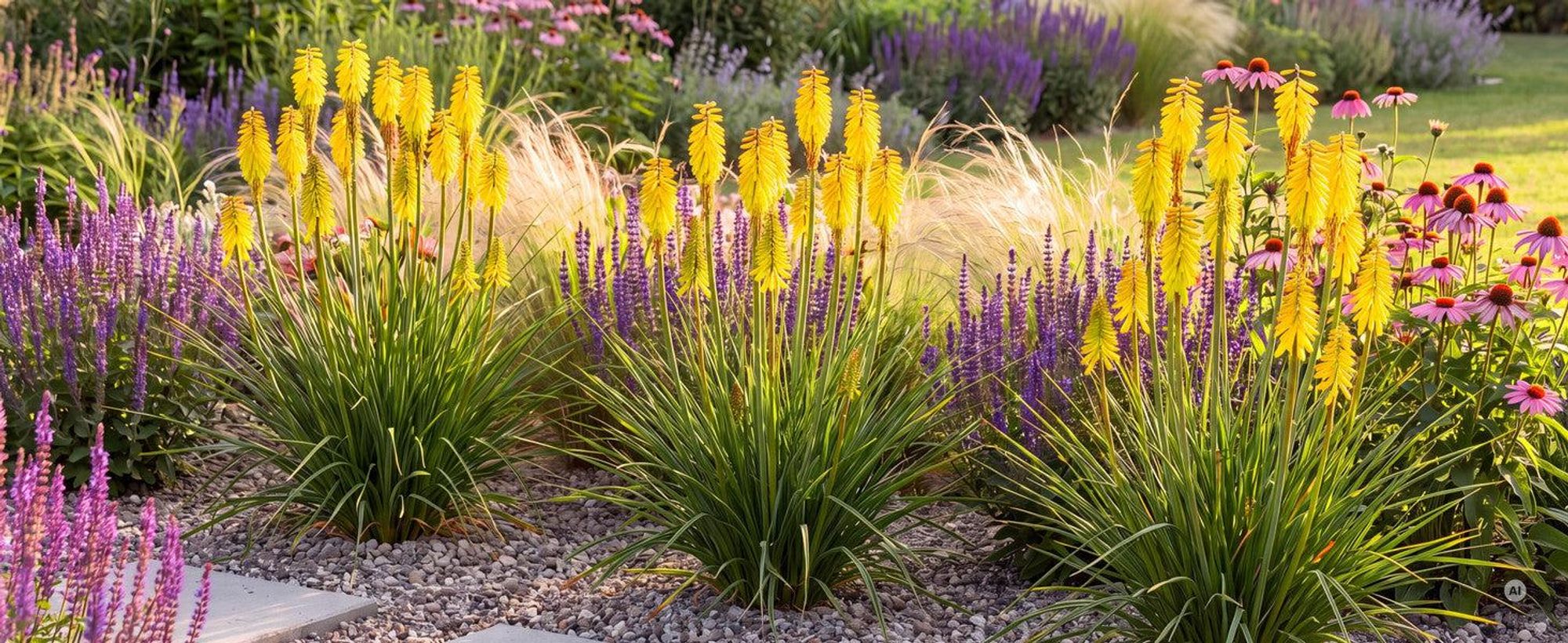 Blühende Kniphofia 'Lemon Popsicle' im sonnigen Staudenbeet