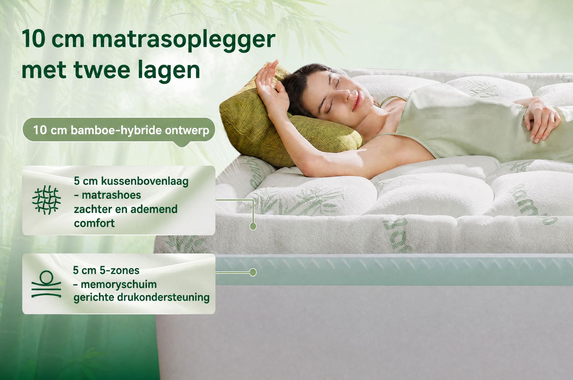 NicePlus 2-in-1 Topper, 180x200x10 cm, traagschuim met 5 zones + bamboe tijk, met hoekelastieken geschikt voor alle matrassen, H2/H3, groen