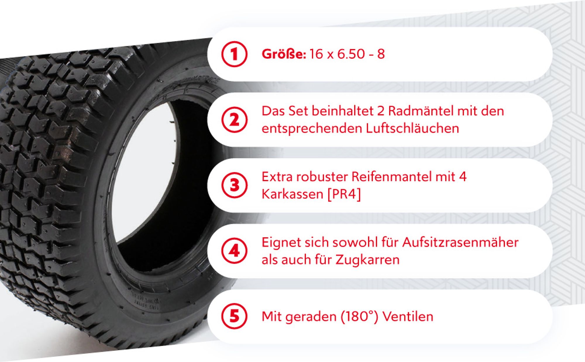 Wiltec 2x Reifenmantel 2x Schlauch Aufsitzmäher/Rasentraktor 16x6.50-8 4PR Gerades Ventil