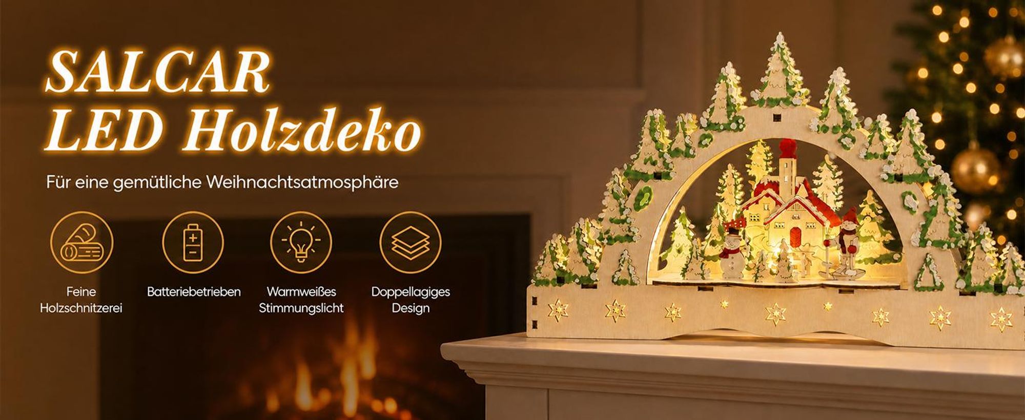 Salcar Holz Schwibbogen Weihnachtsdorf, 3D Lichterbogen 32cm mit 13 LED Beleuchtung Batterie Weihnachten Advent Winter Tisch und Fenster Deko