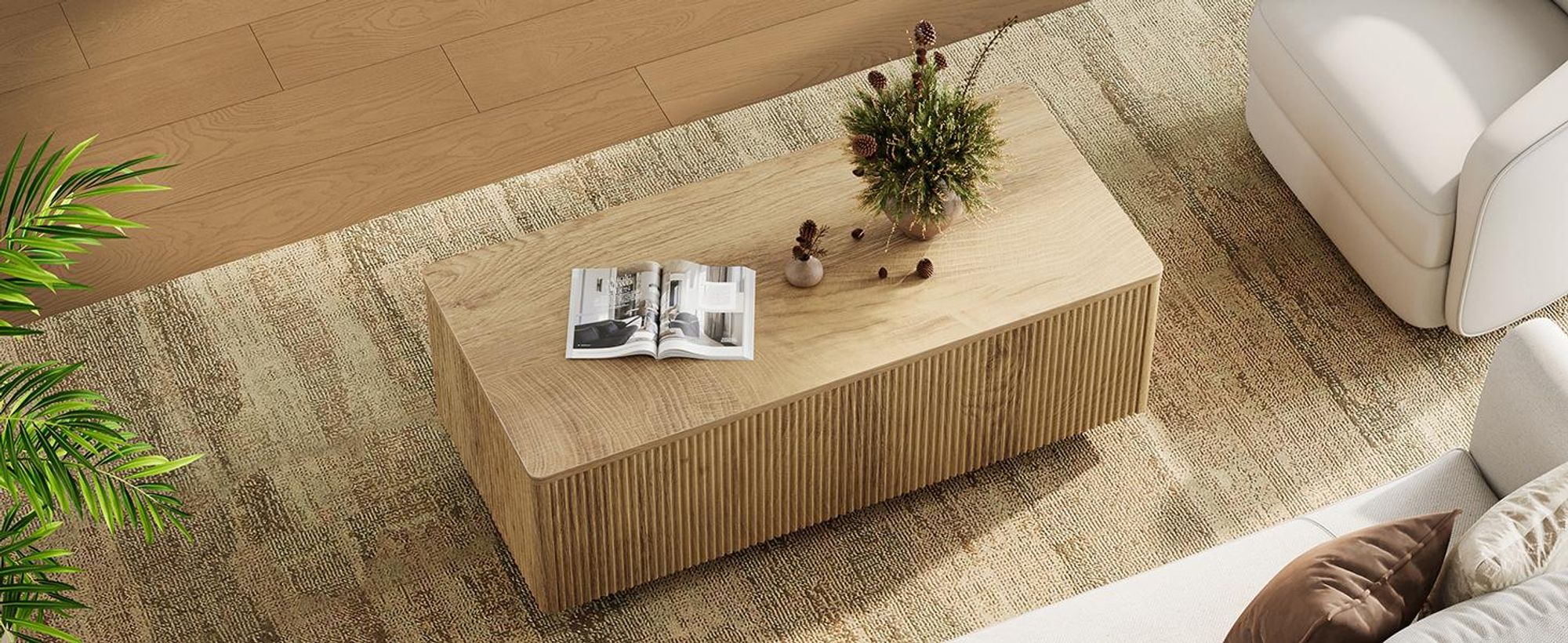 FABATO Lift-Couchtisch 106 cm mit großem verstecktem Stauraum, rechteckiges Fluted-Design mit abgerundeten Ecken, aufklappbar, Holz-Optik