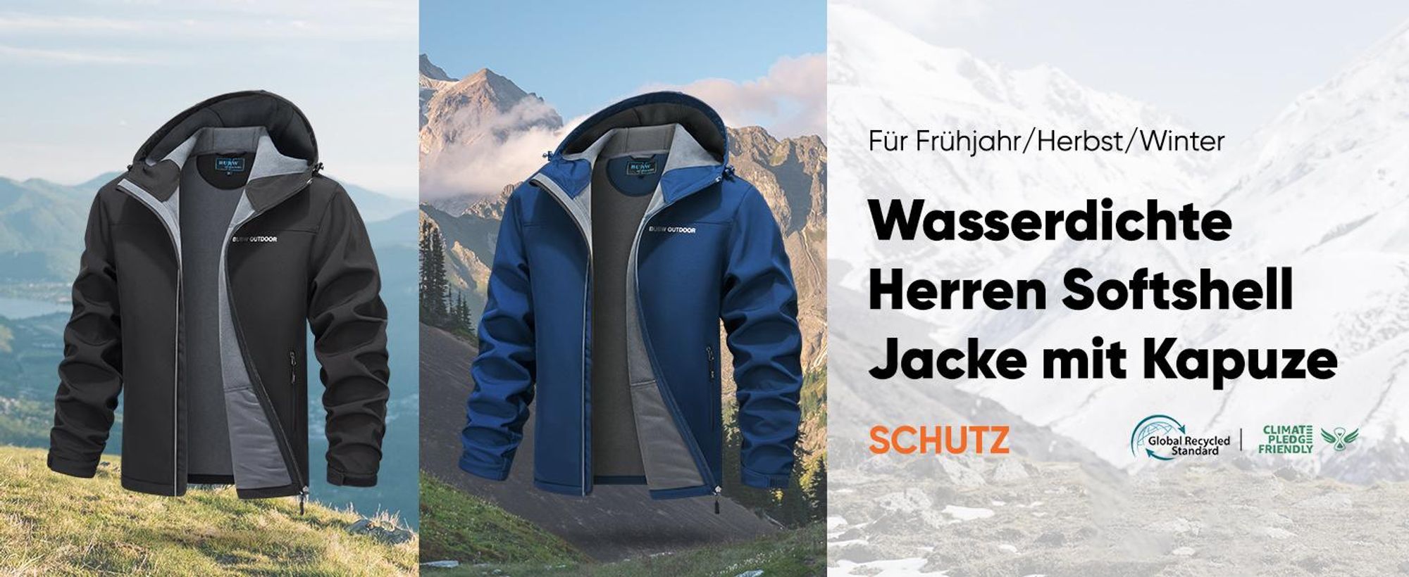 BUBW Herren Softshelljacke wasser- und winddicht mit Kapuze Gefütterte Outdoor-Jacke mit Reflexstreifen Verstellbare Manschetten, atmungsaktiv