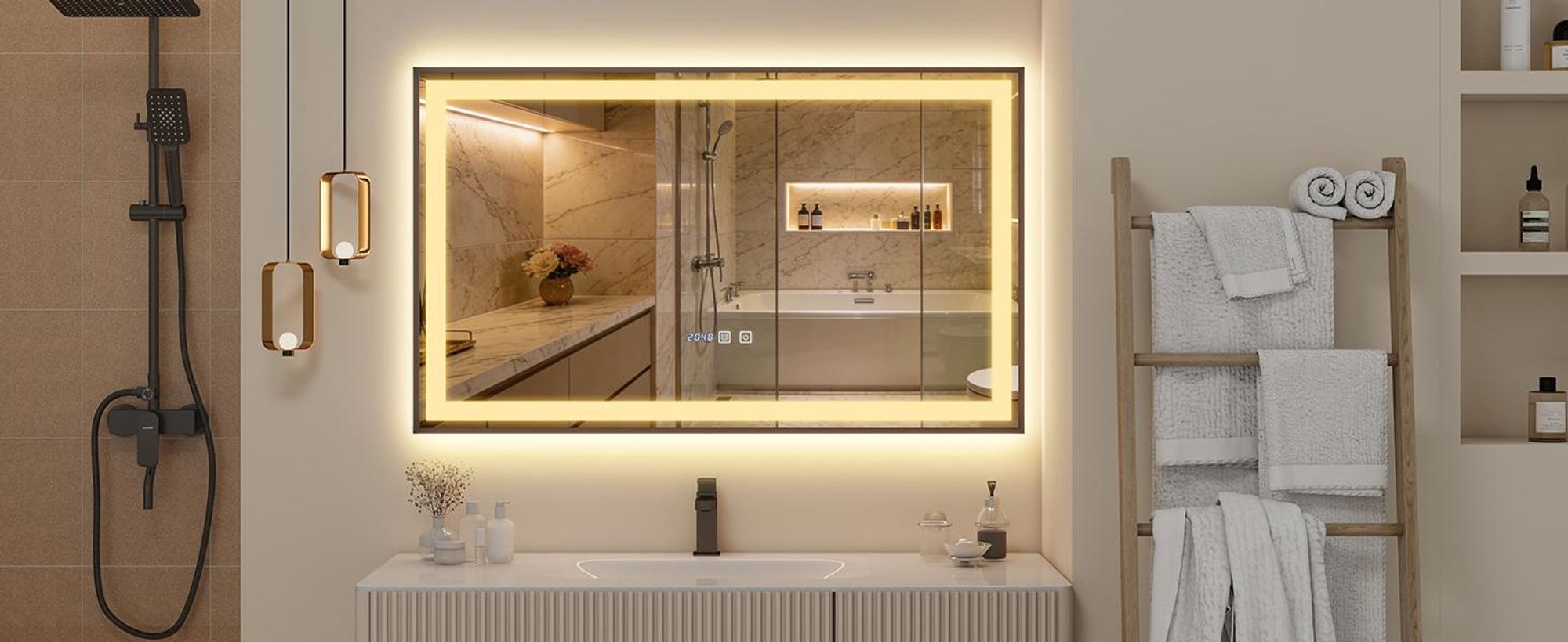Puluomis Badspiegel 100x60 beschlagfrei mit 3 Farbe Beleuchtung, dimmbare Helligkeit, Badezimmerspiegel mit Digitaluhr, Temperatur schwarz