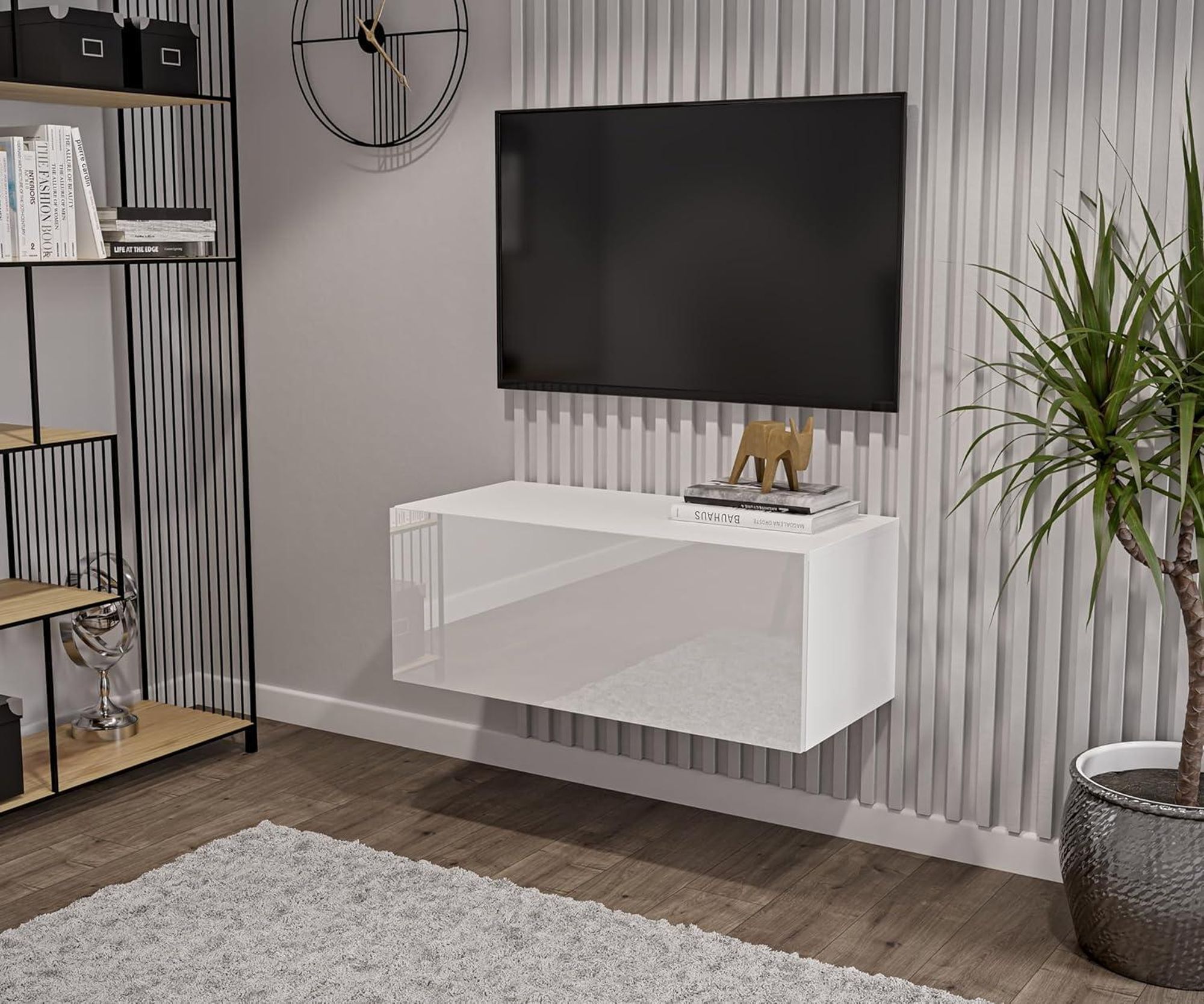 Schwarz TV Lowboard 270 cm Hängeschrank für Wohnwand Fernsehtisch Hochglanz Front MDF Fernsehschrank Kabelöffnung Push-to-Open