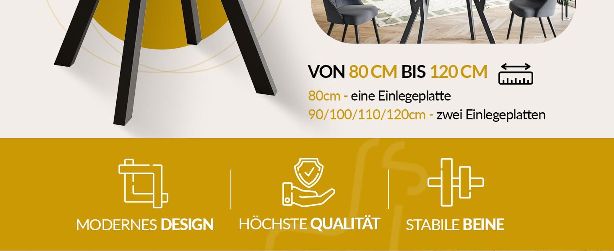 Esstisch Ausziehbar Ovo, 80-130 cm, Stabile Beine, Craft
