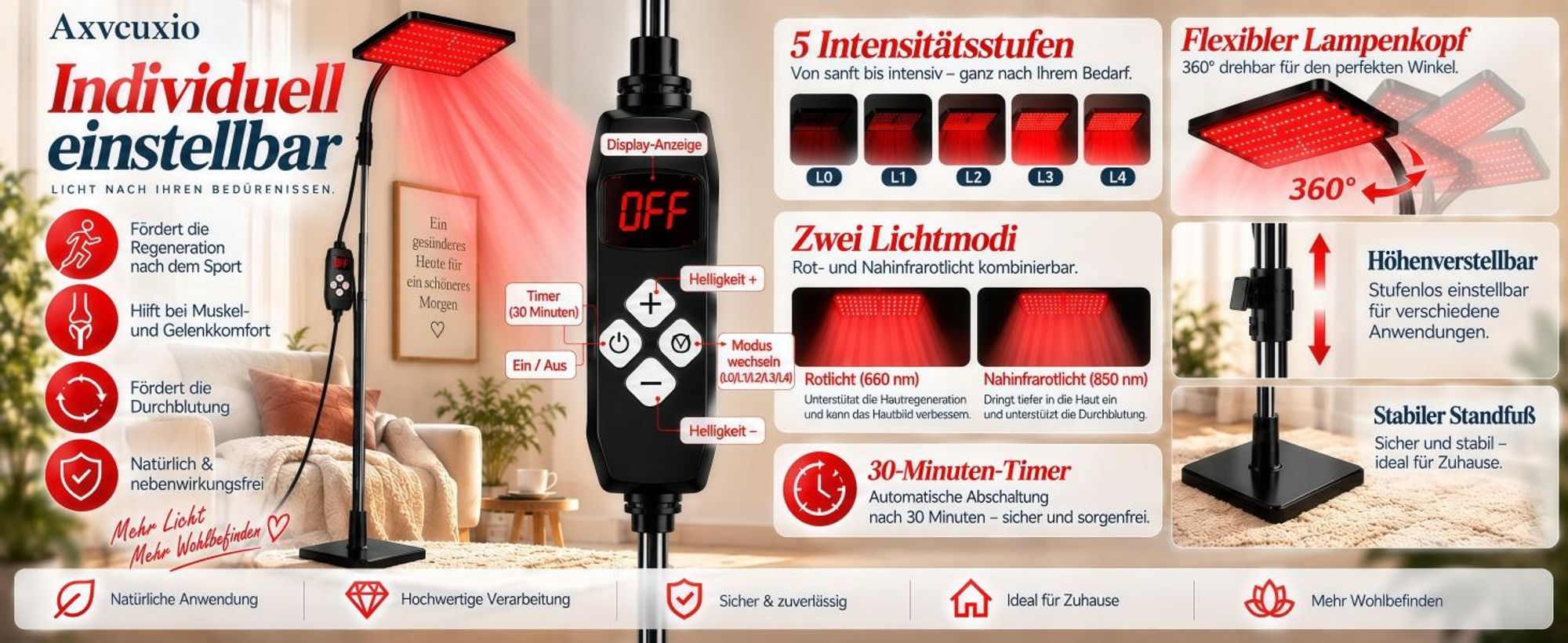 126 LEDs Rotlichtlampe Stehlampe,660 nm Rotlicht und 850nm und 940nm Nahinfrarot lichttherapielampe,360°-Einstellbar, 3 Modi & 5 Helligkeitsstufen