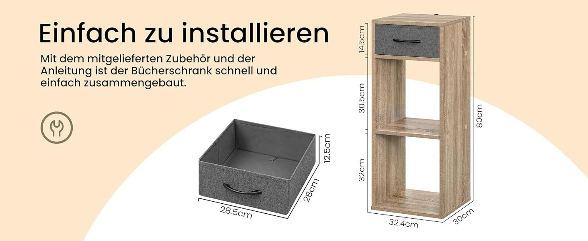 WOLTU Bücherregal mit 3 Ebenen, 1 Stoffschublade 2 Würfeln, 32,4x80x30 cm, Helle Eiche