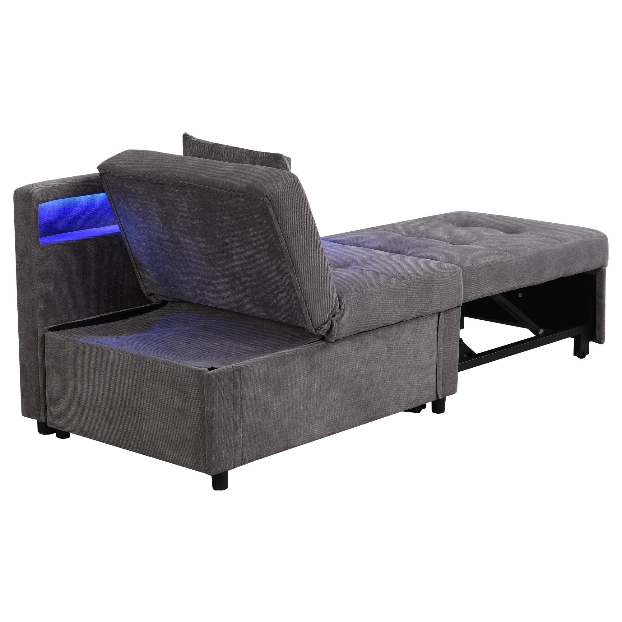 Flieks Schlafsofa mit Ladefunktion und Led, Polstersofa Sessel mit Kissen und Verstellbare Rückenlehne, Tagesbett Daybed, Leinen, Grau