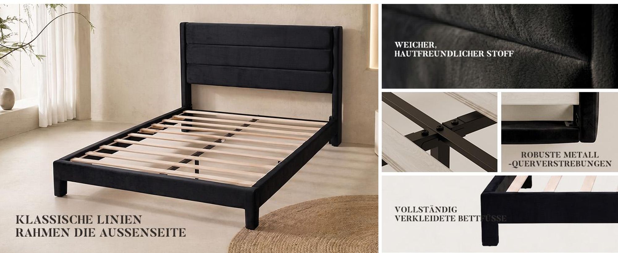 Doppelbettgestell 140x200 cm Polsterbett mit dreiteiligem Kopfteil Metallrahmen Stahl Stauraum unter dem Bett Plattformbett geräuschlos Schwarz