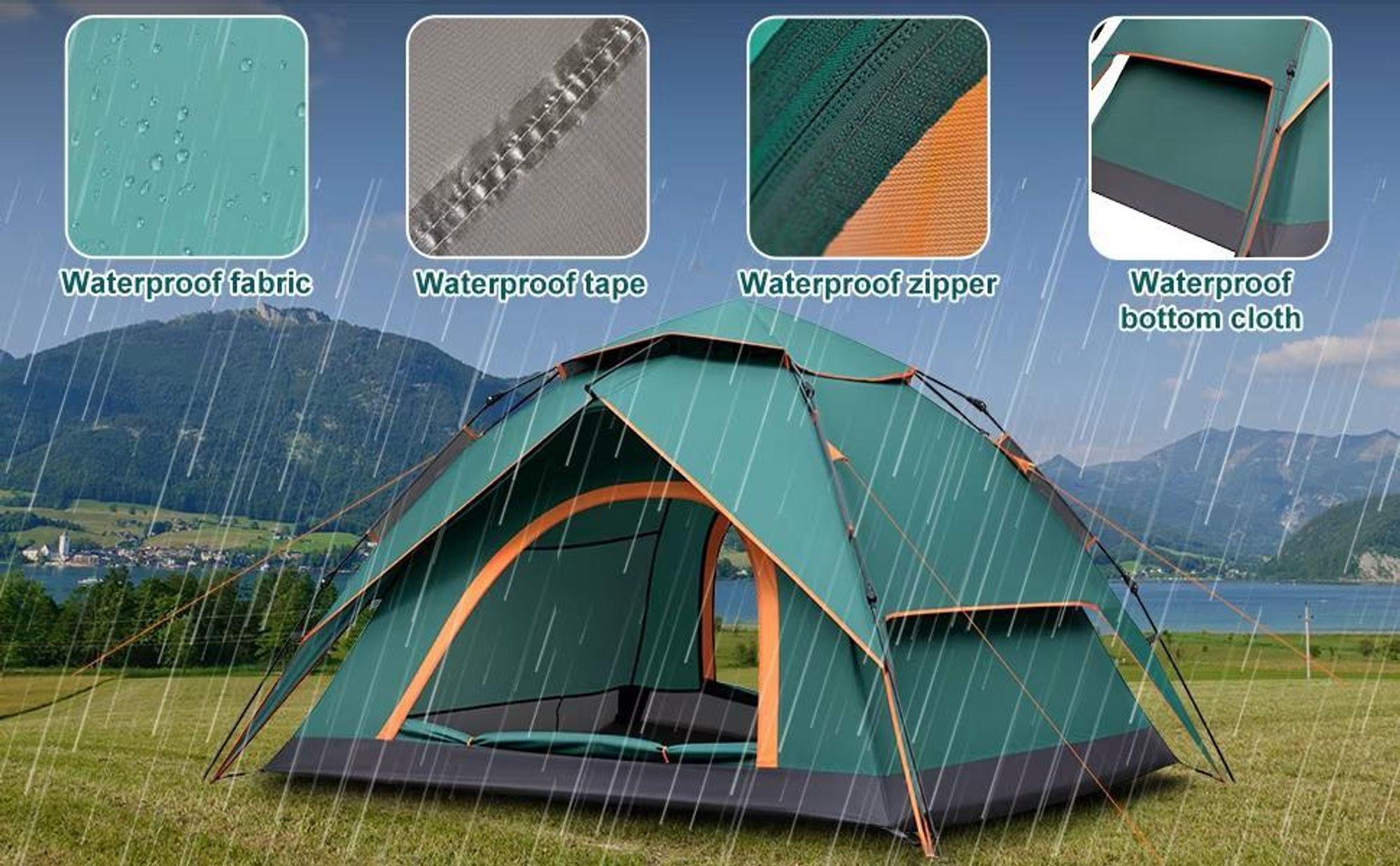 Campingzelt, Pop-up Zelt, Automatik Wurfzelte, für 3-4 Personen, Großes Familienzelt mit Tragetasche, für Festival, Campingplatz