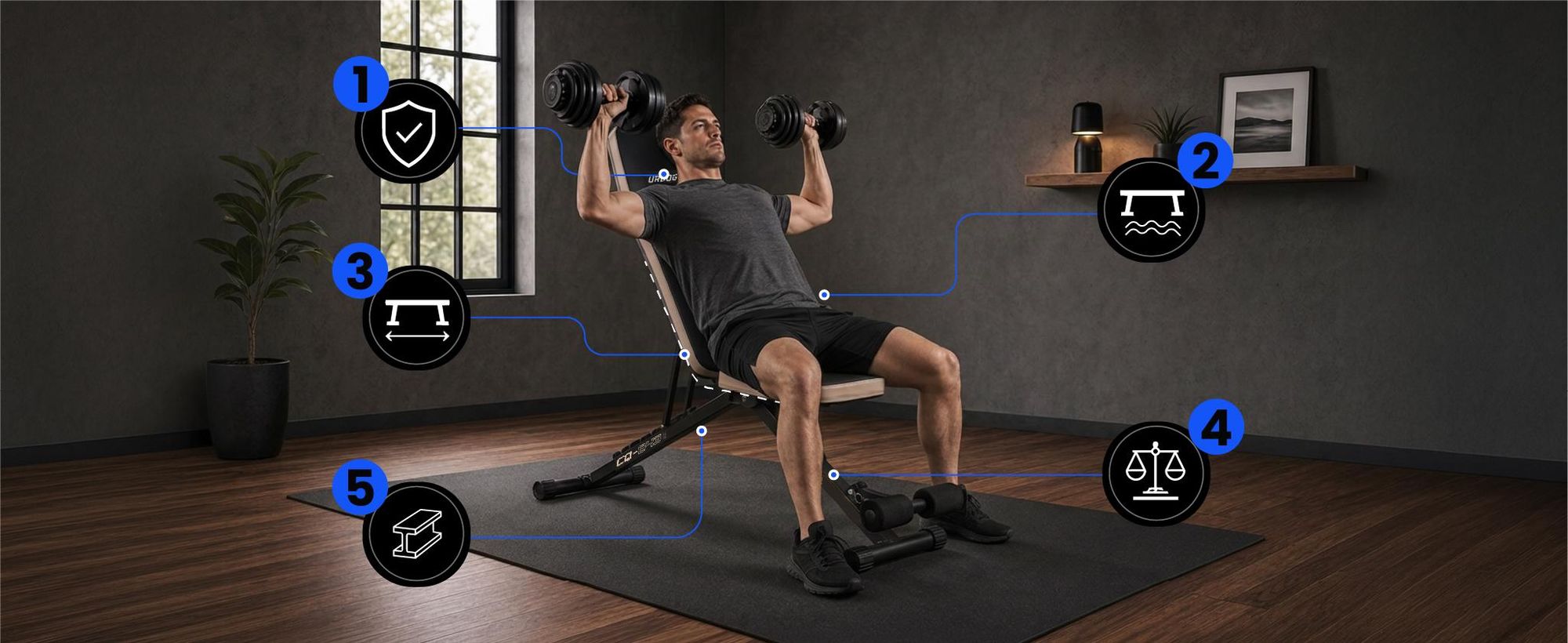 URBOGYM CQ-843 klappbare Hantelbank, Rückenlehne 8-fach, Sitz 4-fach verstellbar, bis 200 kg belastbar