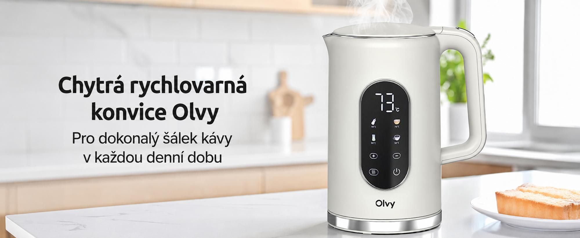 Rychlovarná konvice Olvy, krémová, nastavitelná teplota, 1,7 l – LCD displej, 2200 W, bez BPA, funkce udržování teploty, filtr na vodní kámen, volba teploty 40–100 °C, nerezová ocel