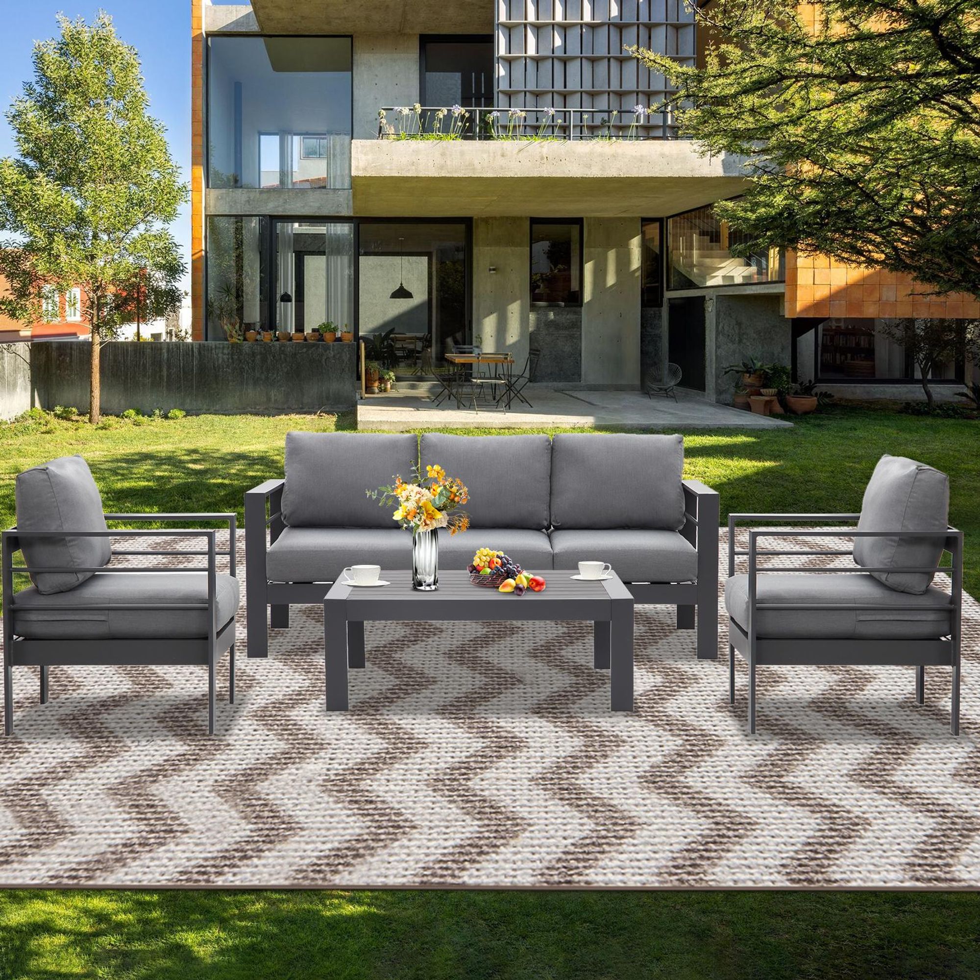 MeXo Gartenmöbel Set Beige Aluminium 6-7 Personen outdoor wetterfest, 12cm Deluxe Relax-Sitzkissen, Gartenlounge-Set 5-tlg. mit 8 cm breite Armlehnen