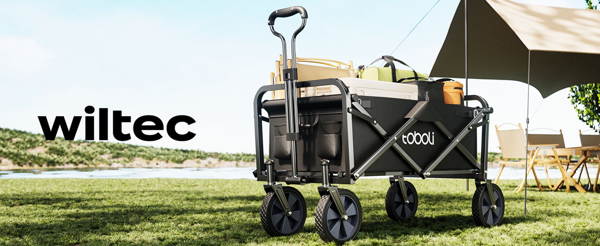 Toboli Bollerwagen faltbar Teleskopgriff schwarz, Faltbollerwagen mit Handgriff, Klappbollerwagen bis 100 kg Traglast für Einkauf, Garten, Ausflug
