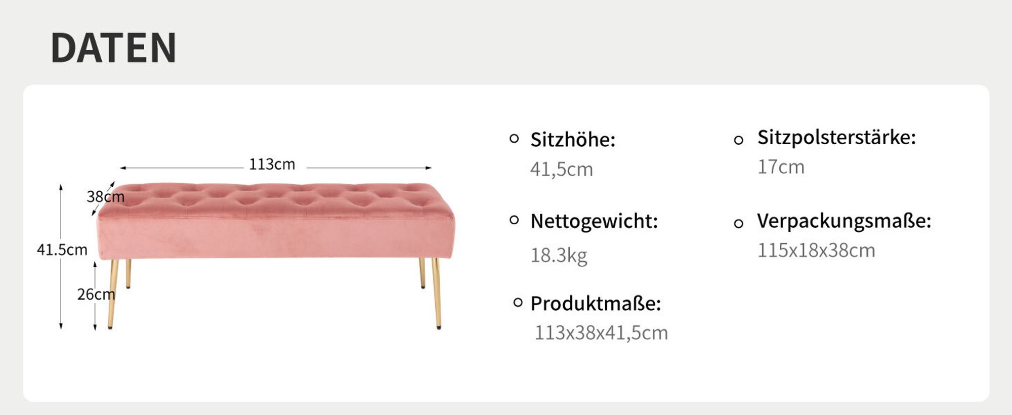 Duhome Sitzbank Polsterbank mit Knöpfen, Schuhbank aus Samt, rechteckig Bettbank mit Metallbeine, Rosa