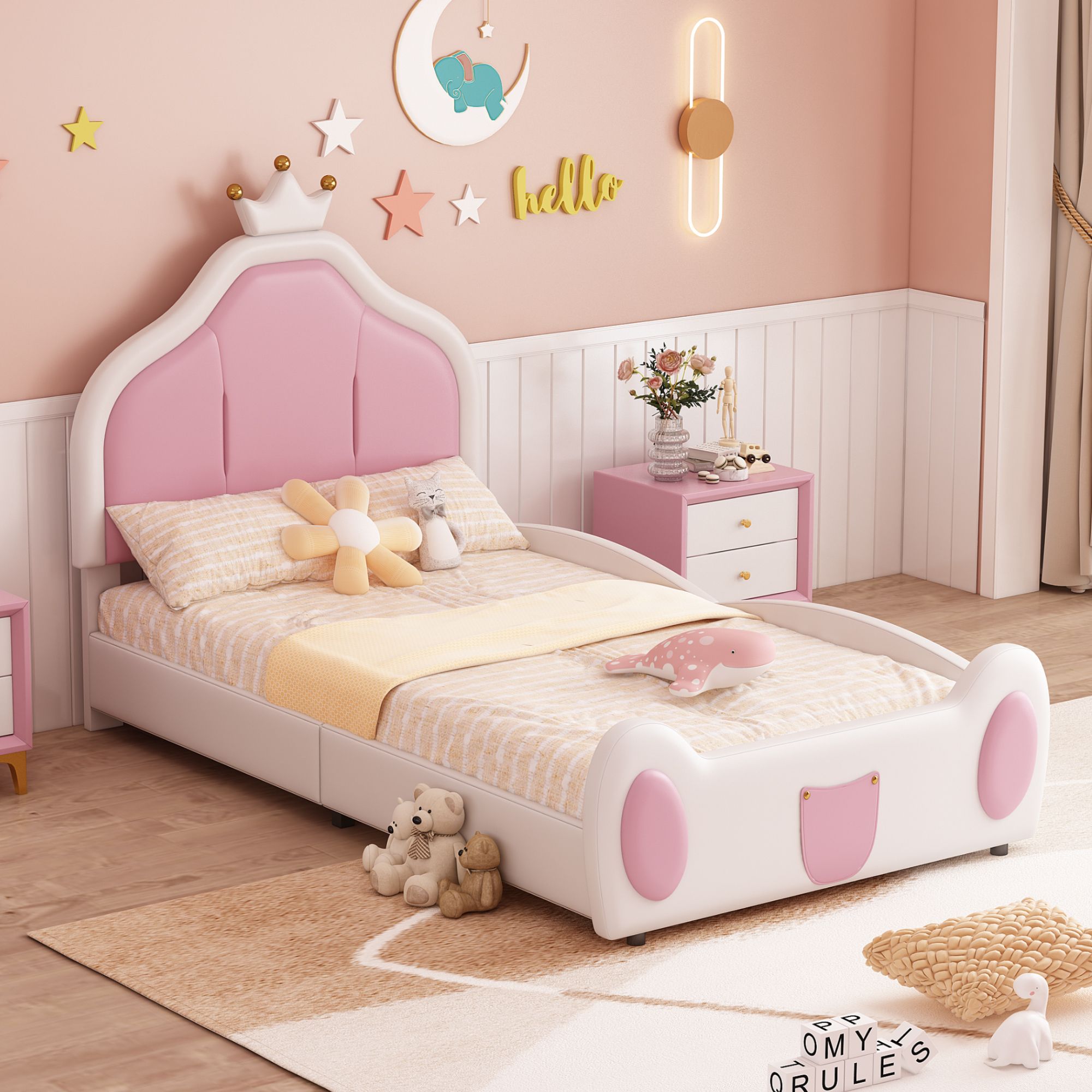 Flieks Kinderbett Polsterbett 90x200cm mit Kronenförmigem Kopfteil, Einzelbett Holzbett Sofabett mit Lattenrost, Bodenbett Schlafsofa, PU, Weiß