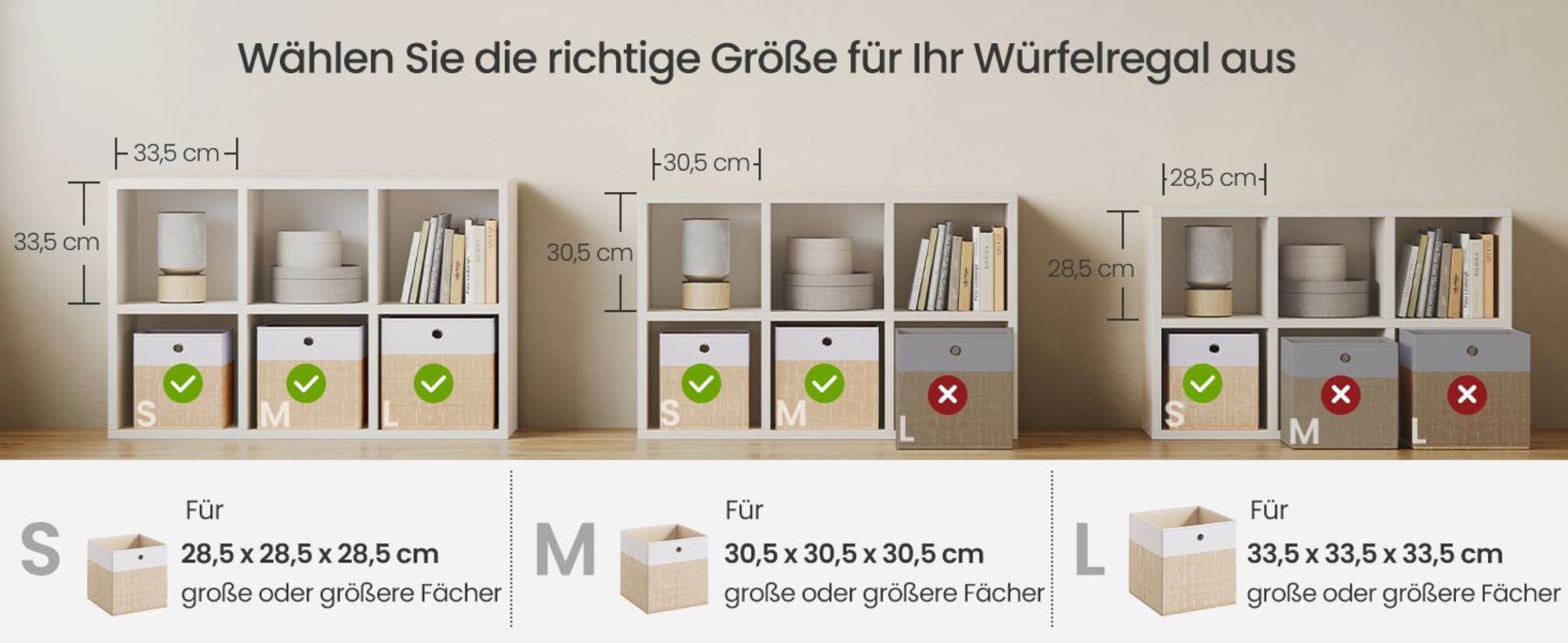 SONGMICS Aufbewahrungskörbe, 6er Set, faltbare Stoffboxen mit PP-Platten, für Regal, 33 x 33 x 33 cm, weiß-beige