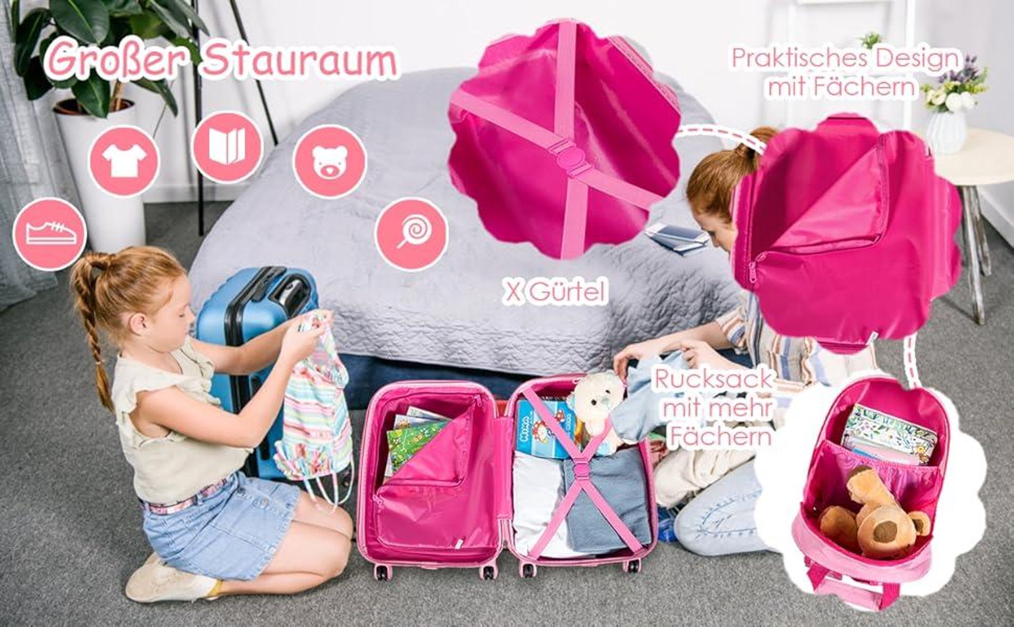 Kiderkoffer mit Rucksack, Kinderkoffer-Set mit 4 Rollen, Kindertrolley 18 Zoll + 12 Zoll (Pink)