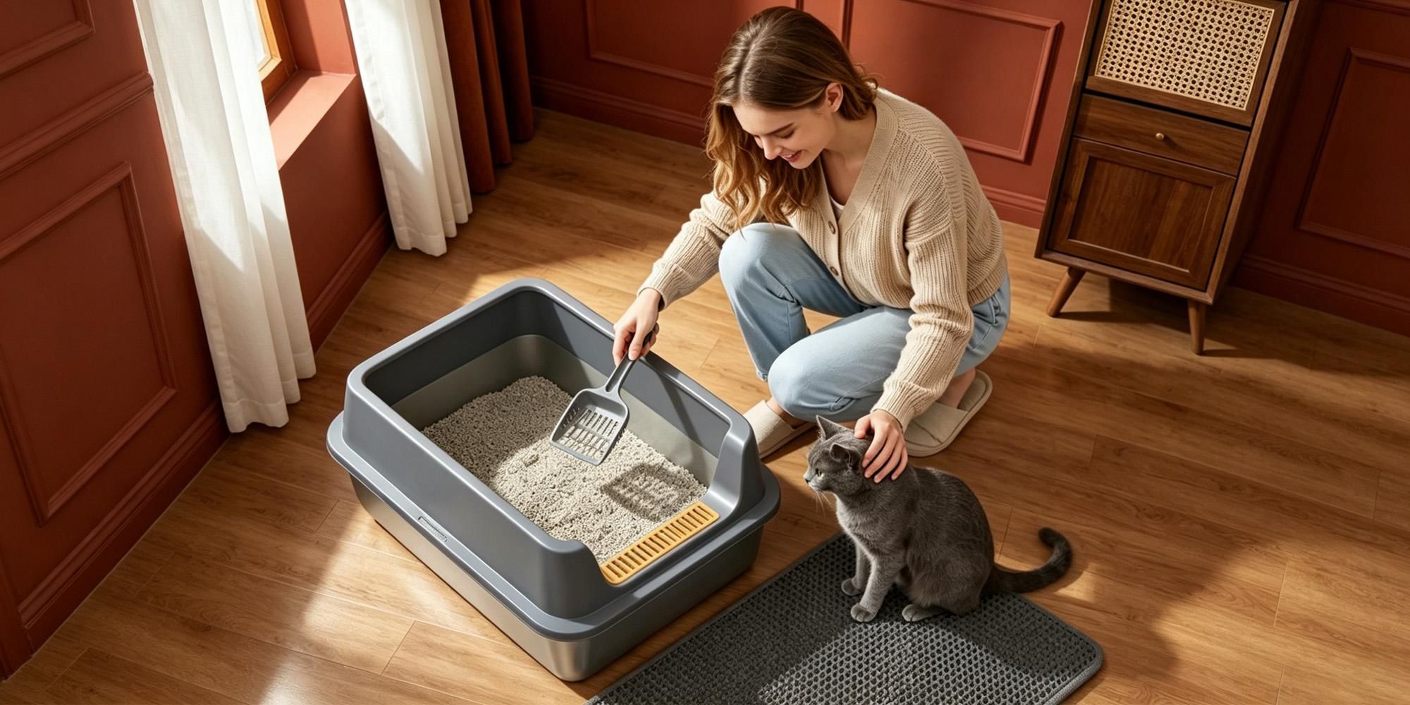 Katzenklo Edelstahl XXL, 60 × 40 × 26 cm, Katzenklo mit Hoher Rand, mit XL-Matte, Schaufel, Leicht zu Reinigen, Katzentoilette Antihaftbeschichtet
