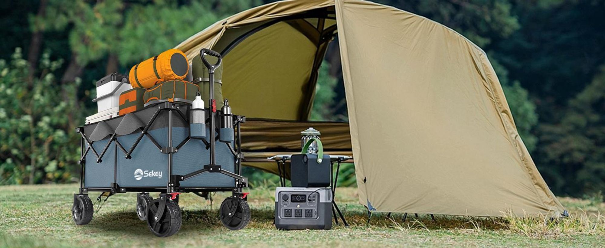 Sekey XXL 200KG Belastbar Bollerwagen Faltbar mit Spanngurte, 20x7,5 cm Extra Breite Reifen, Blau und Grau