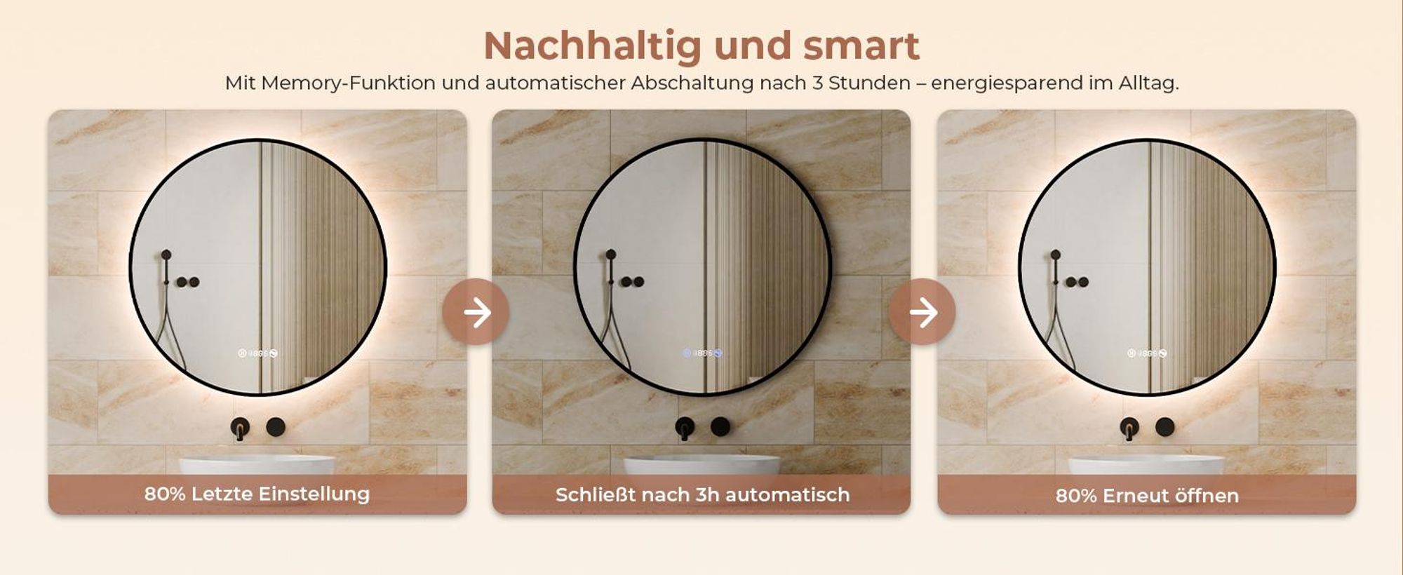 S'AFIELINA Badspiegel mit Beleuchtung Rund 60 cm Diameter,LED Badspiegel mit Touch, Beschlagfrei, Dimmbar, Uhr, Temperatur, Speicherfunktion,Schwarzer