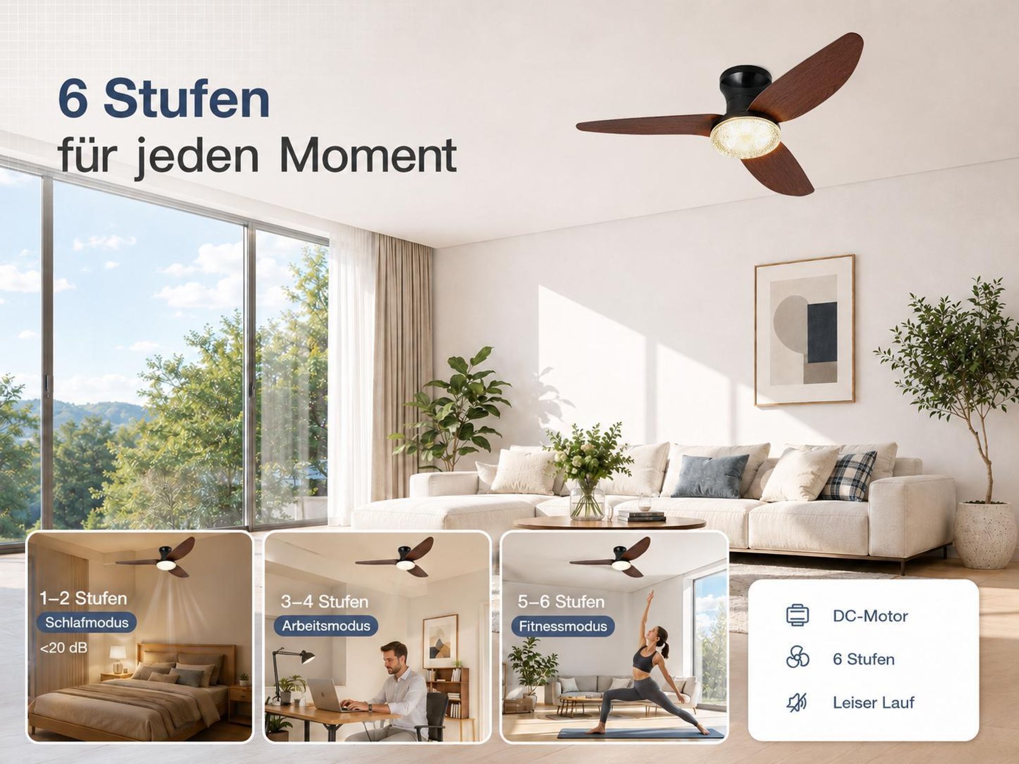 Deckenventilator mit Beleuchtung leise, Ø100cm DC Motor 6 Stufen, Smart APP & Fernbedienung, Dimmbar 3 Farben Umkehrbare Windrichtung Wohnzimmer Büro