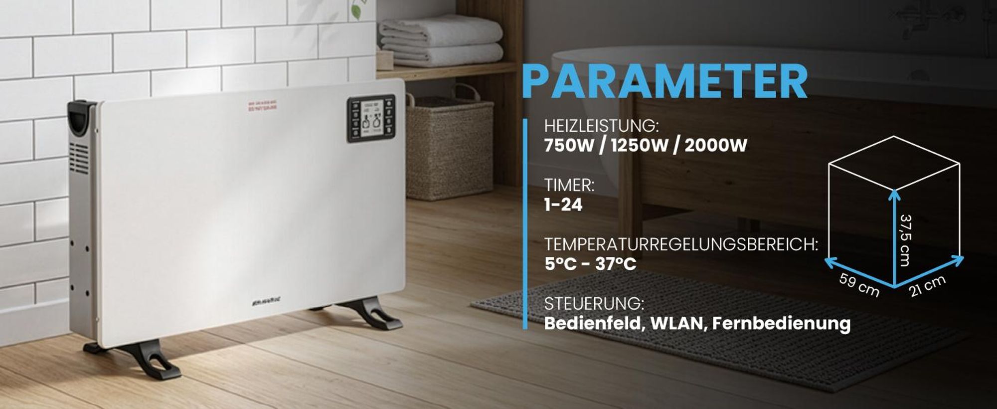Konvektorheizung Heizung mit Fernbedienung mit Heizstufen 750W/1250W/2000W