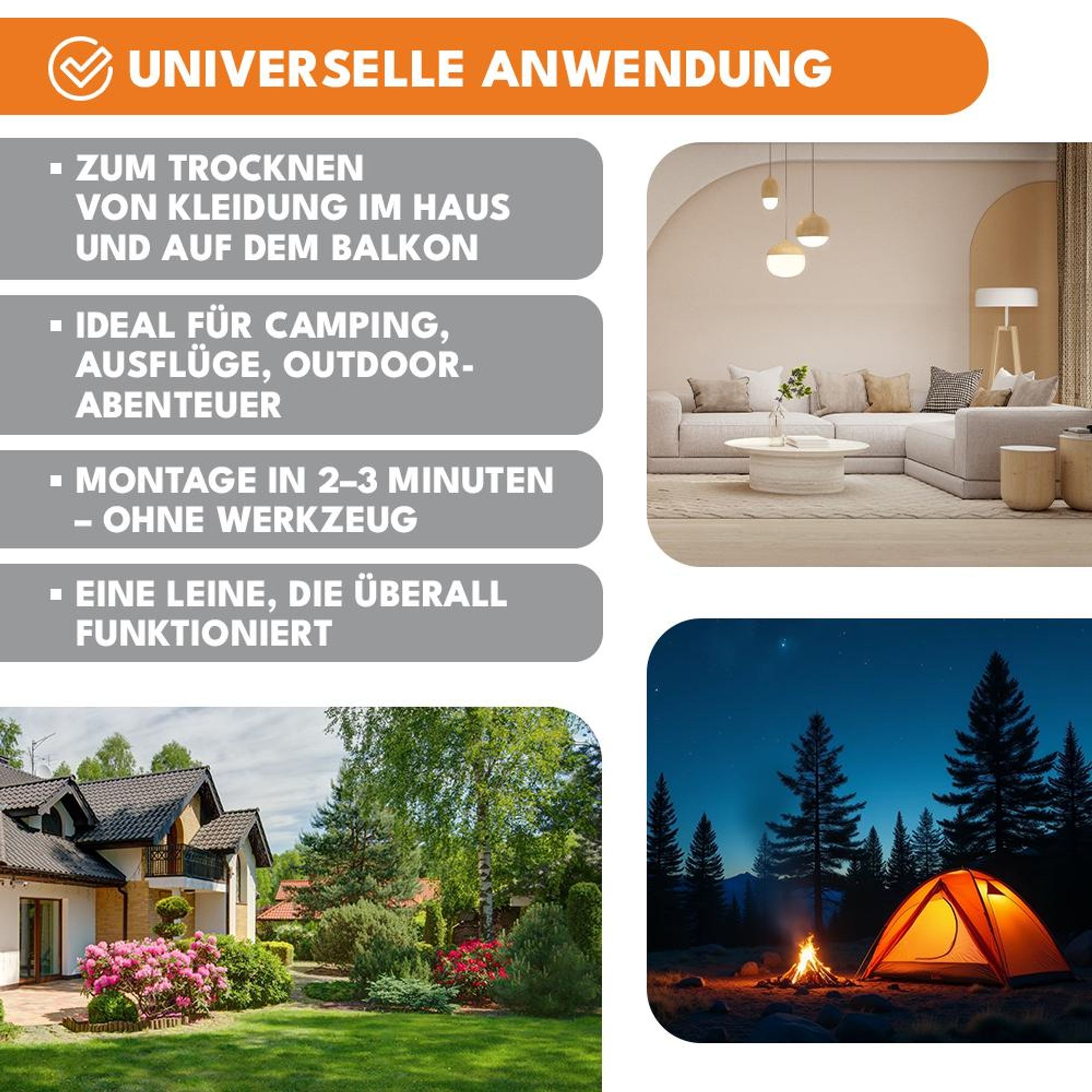 KRUMAD Ausziehbare Wäscheleine  4m - tragbare Camping-Wäscheleine mit Stahlkarabiner, klappbar, für Haushalt, Balkon, Wohnwagen & Outdoor