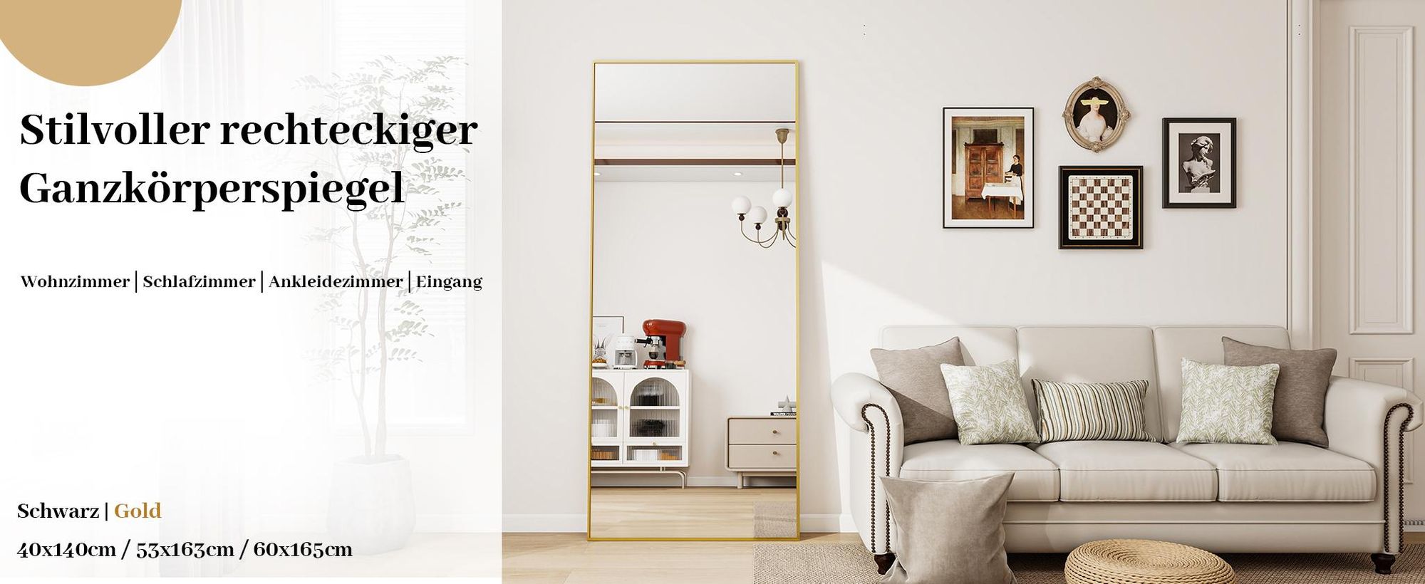Koonmi 89x198 cm Große Standspiegel, Minimalistische schmaler Aluminiumrahmen, stehend oder hängend für Wohnzimmer und Schlafzimmer, Gold