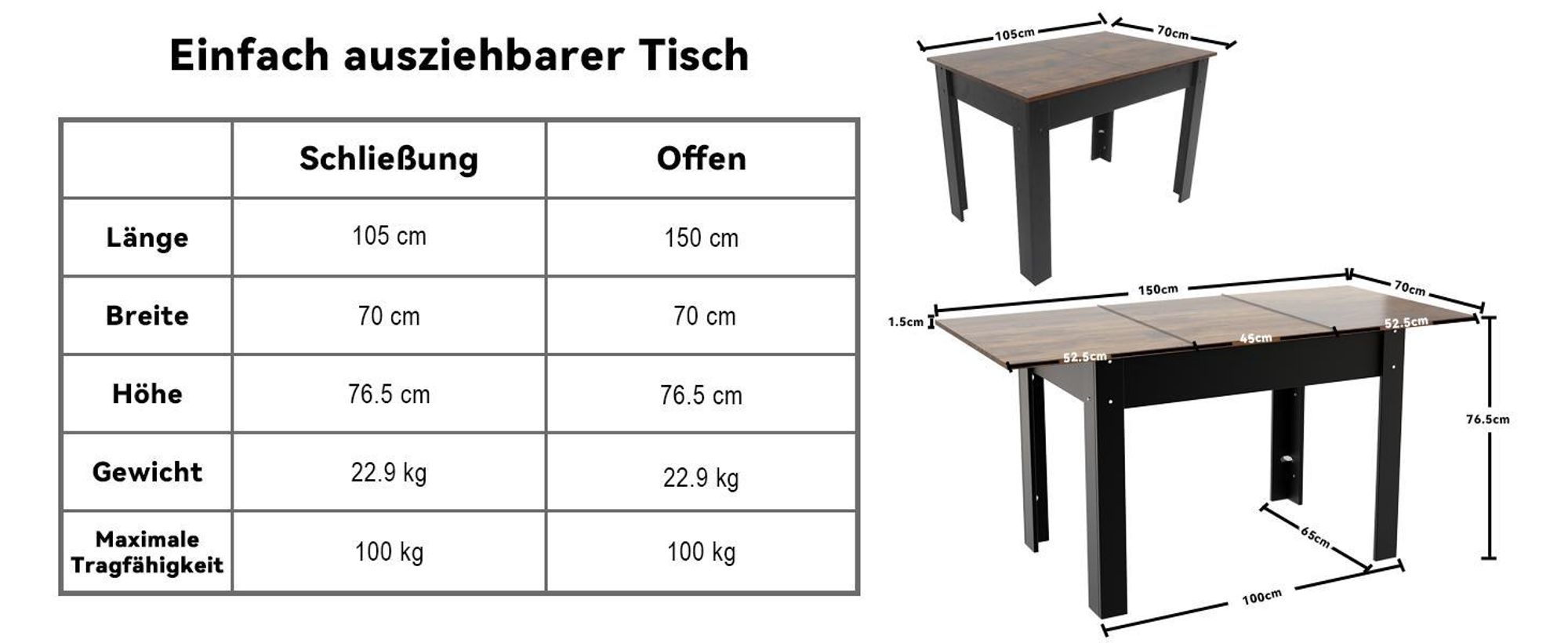 Puluomis Ausziehbarer Esstisch, Erweiterbarer Tisch 70x105-150cm, Klapptisch mit Verstärkter MDF-Platte, Küchen-/Wohnzimmertisch schwarz braun