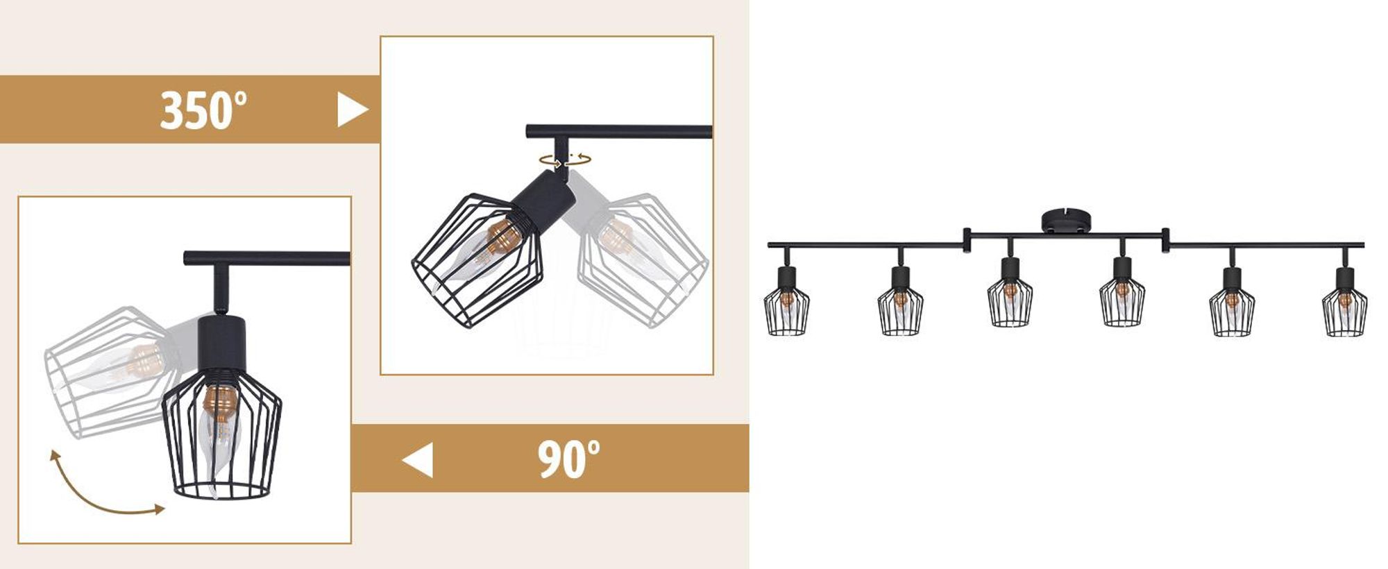 ZMH Lampy Sufitowe 6 Płomienny Spot Sufitowy Obrotowy Czarny E14 Spot Sufitowy Metalowy Retro Reflektor Sufitowy Vintage Reflektor Obrotowy 350° Lampa Korytarzowa