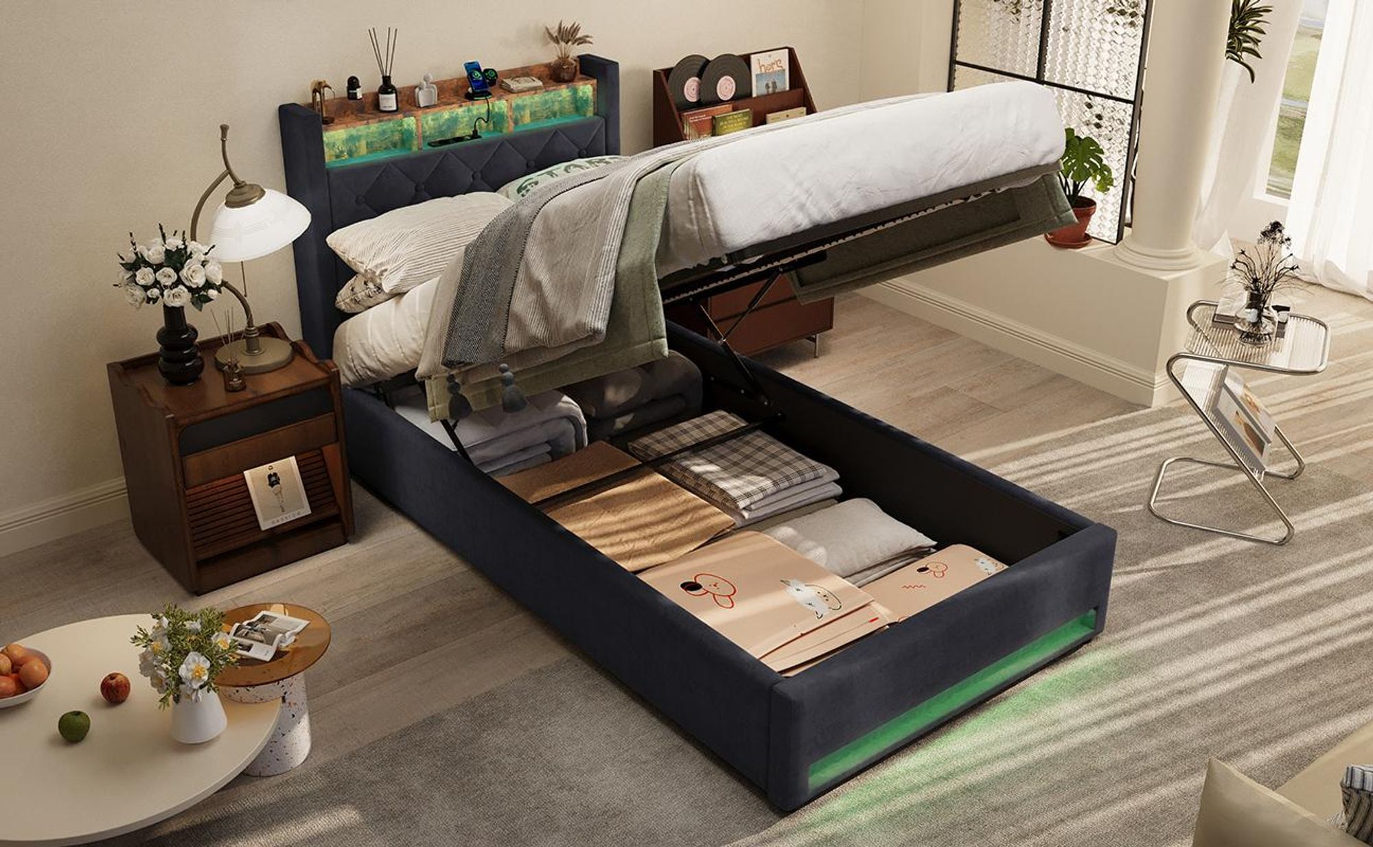 STILVORA Polsterbett 90×190 mit bettkasten,Stauraumbett Boxspringbett mit USB-Anschluss und LED-Licht,Funktionsbett ohne matratze,mit Stauraum,grau