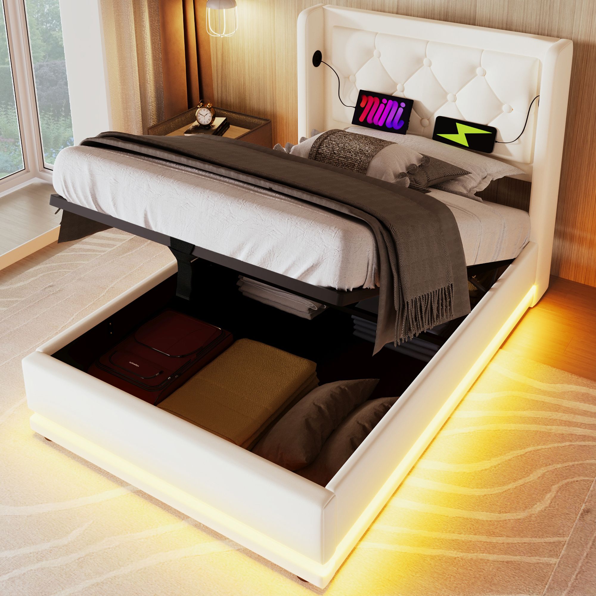 Flieks Polsterbett 90x200cm mit USB & Typ-C, Einzelbett Jugendbett mit LED, Hydraulisches Stauraumbett Boxspringbett mit Lattenrost, Kunstleder, Weiß