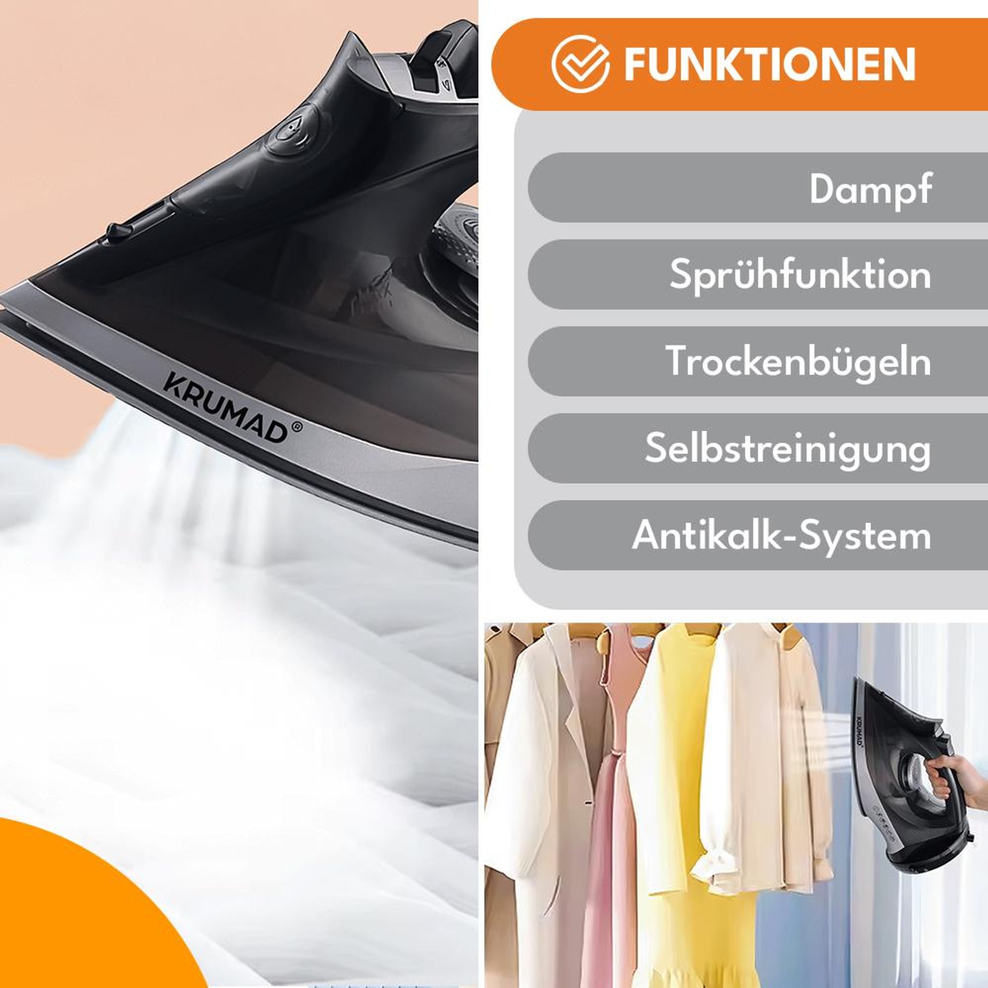 KRUMAD Dampfbügeleisen 2600W, kabellos & kabelgebunden – Keramiksohle mit 34 Dampflöchern, 330 ml Tank – Dampfstoß, Sprühfunktion, Anti-Kalk