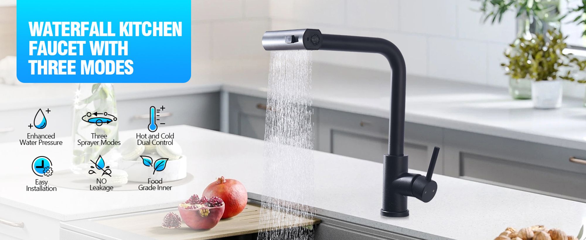 Homelody Schwarz Küchenarmatur, 360° Schwenkbarer Wasserhahn Küche Hochdruck, Ausziehbare Spültischarmatur mit Brause 3 Strahlarten, 304 Edelstahl