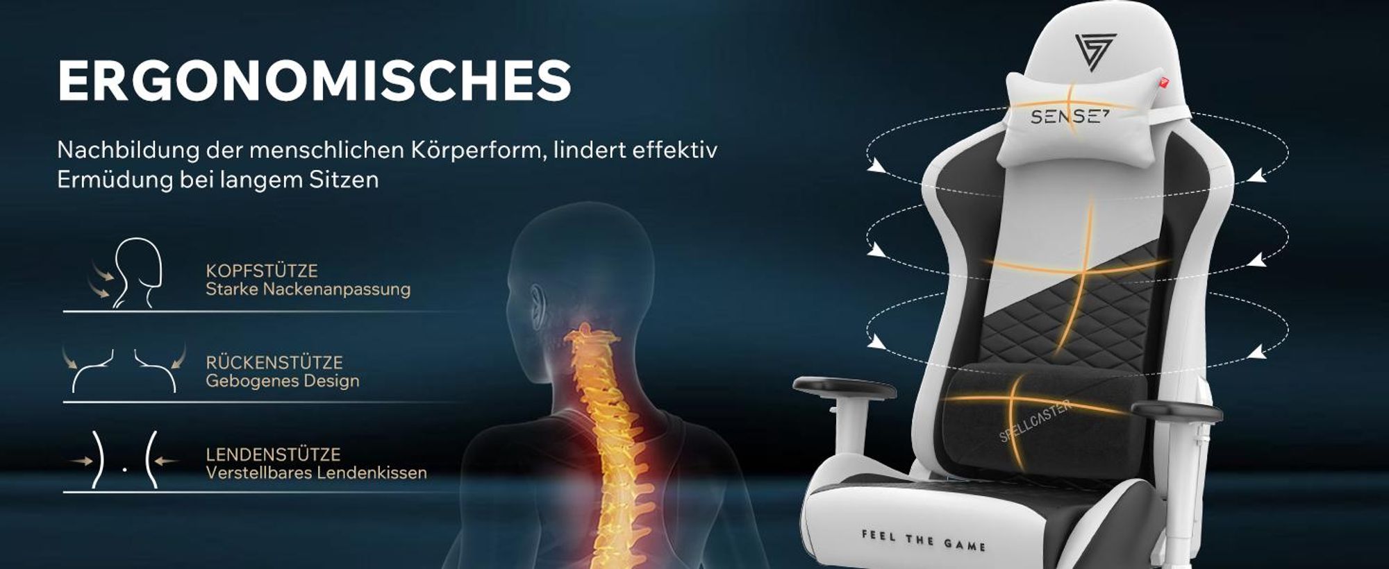 SENSE7 Spellcaster SENSHI Gaming Stuhl Weiß-Schwarz - Ergonomischer Bürostuhl Schreibtischstuhl Zockerstuhl 150 kg Chefsessel Kaltschaum