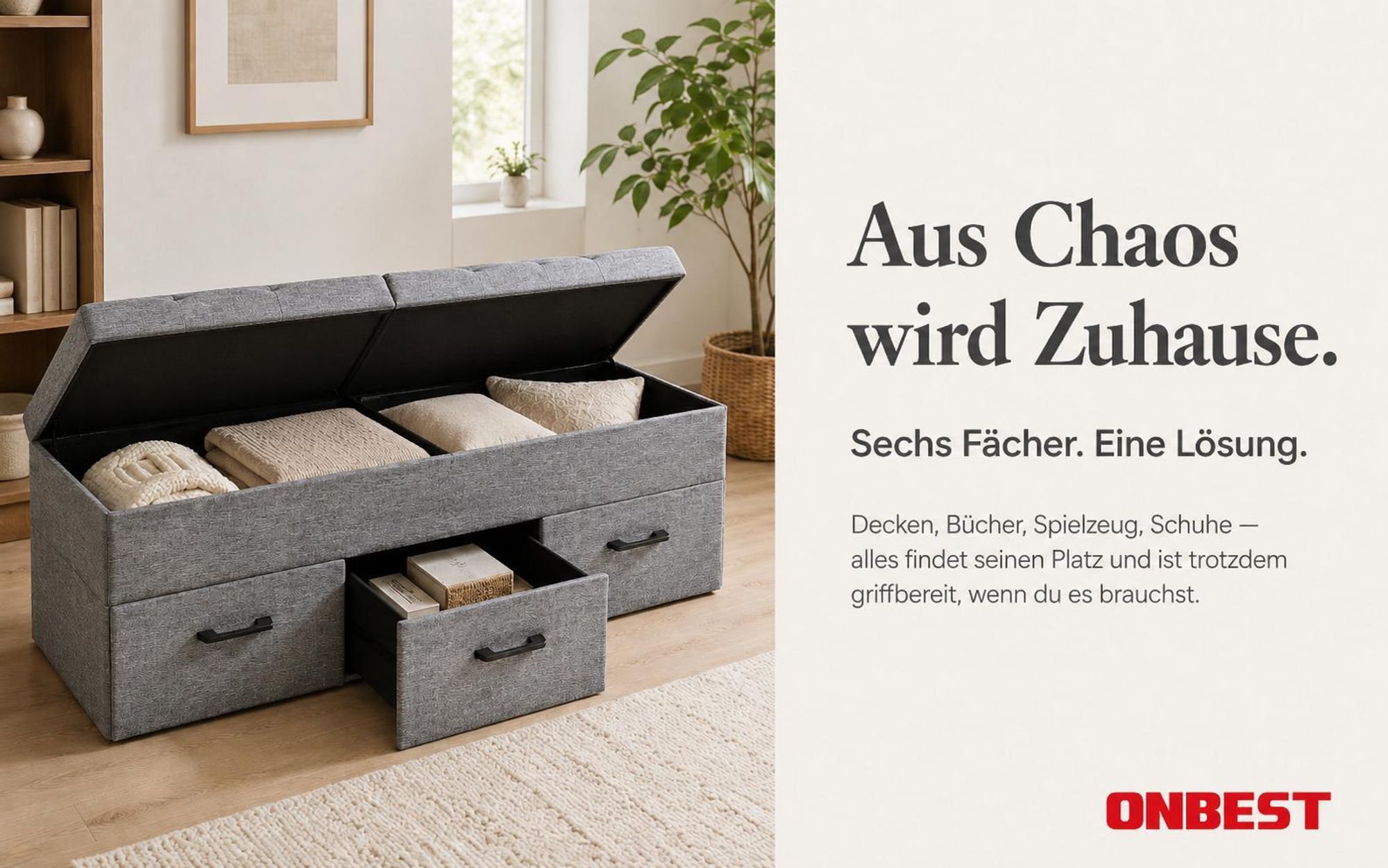 ONBEST Sitzbank mit Stauraum | 3 Schubladen | Grau | 110 kg | 110x40x36cm (BxHxT) | Leinenoptik | gepolstert | klappbarer Deckel