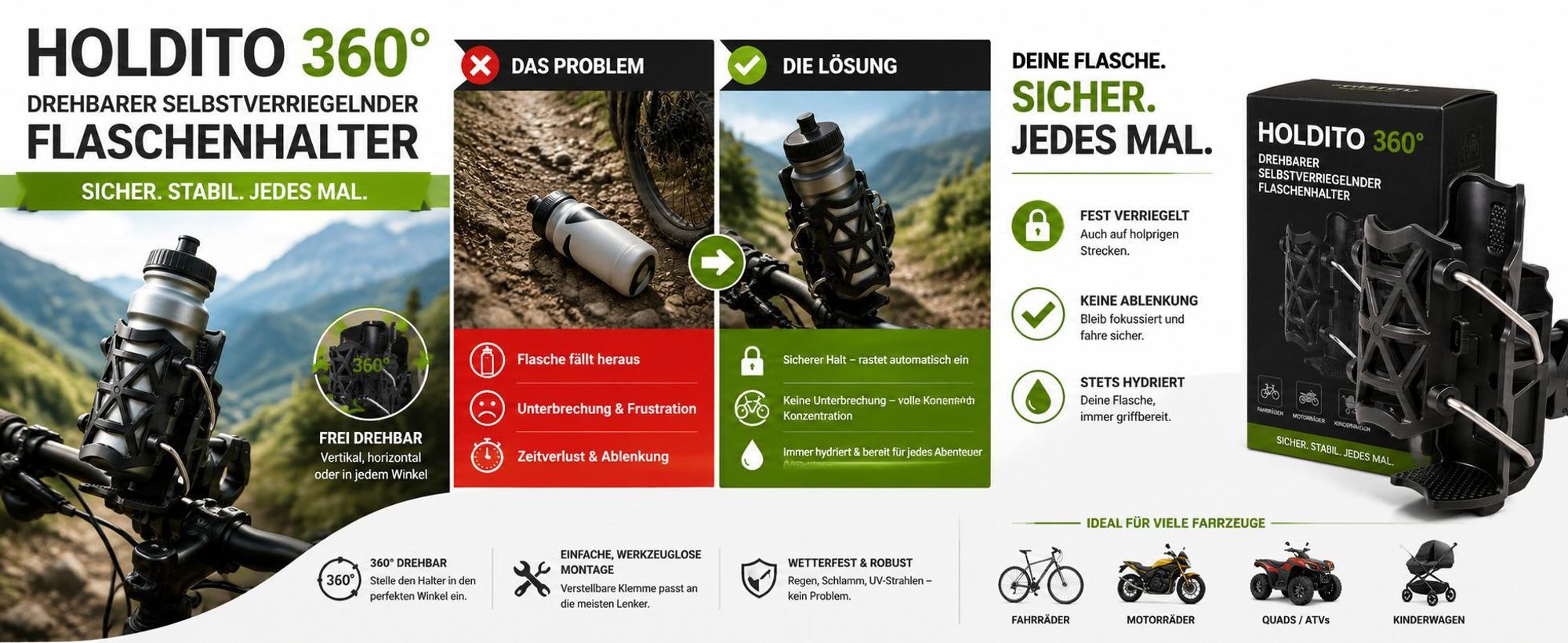 360 Grad drehbarer Fahrrad Flaschenhalter mit Lenkerbefestigungsklemme, Trinkflaschenhalter für Motorrad - HOLDITO