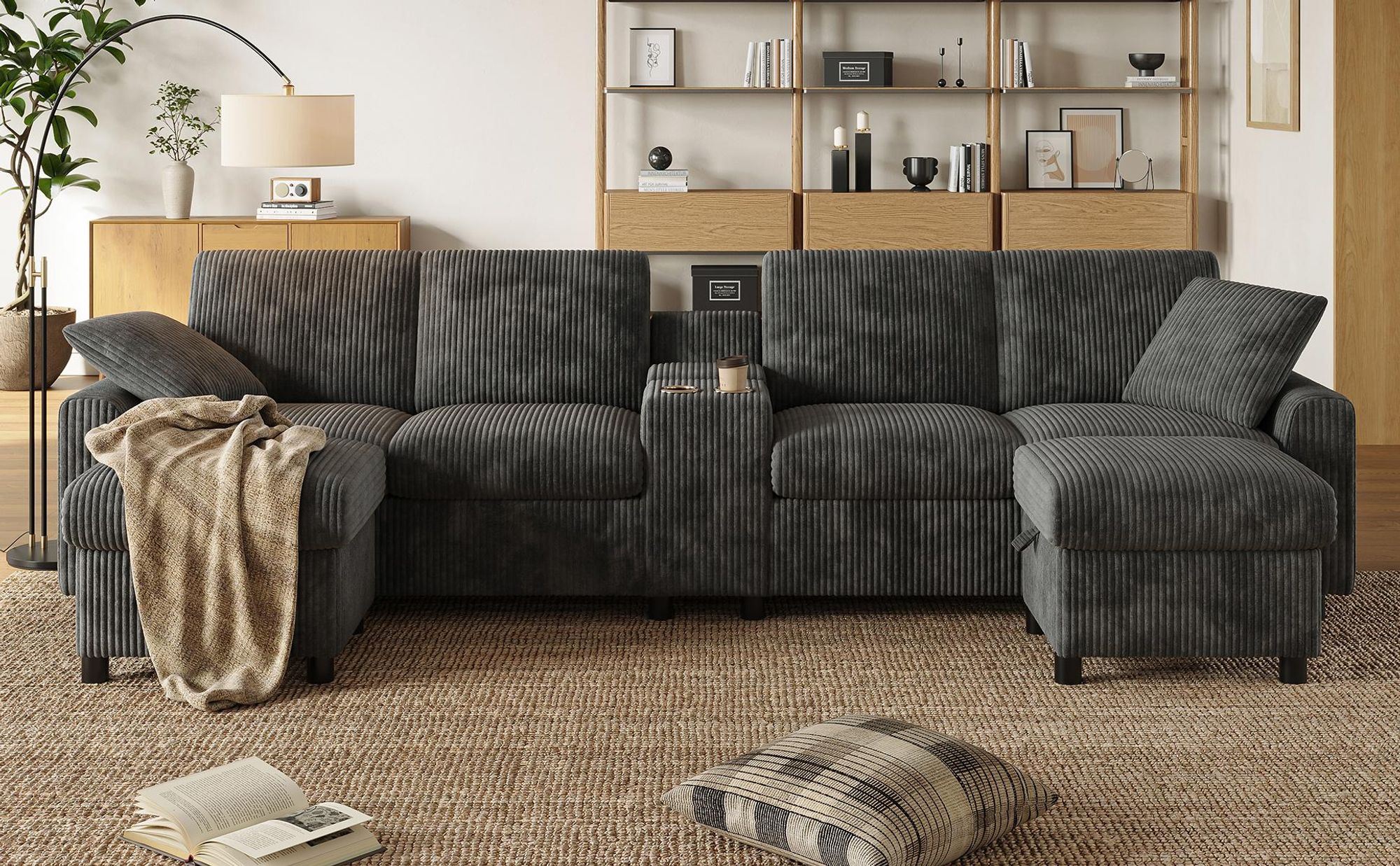 Merax U-Form Ecksofa mit 2 Hockern, USB-, Type-C, Couchtisch & Becherhaltern, 2 Kissen,4-Sitzer Sofa mit Bettkasten, Couch, Cord Stoff, Grau